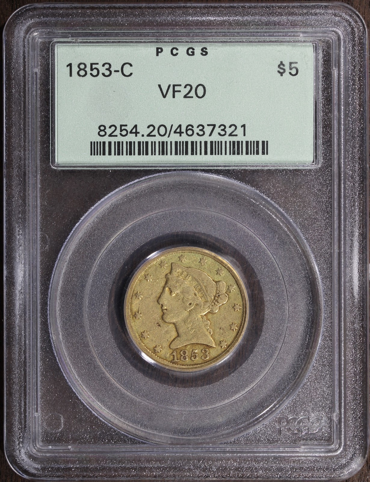 1853-C (VF20) Liberty Head Half Eagle $5 PCGS - Charlotte Gold