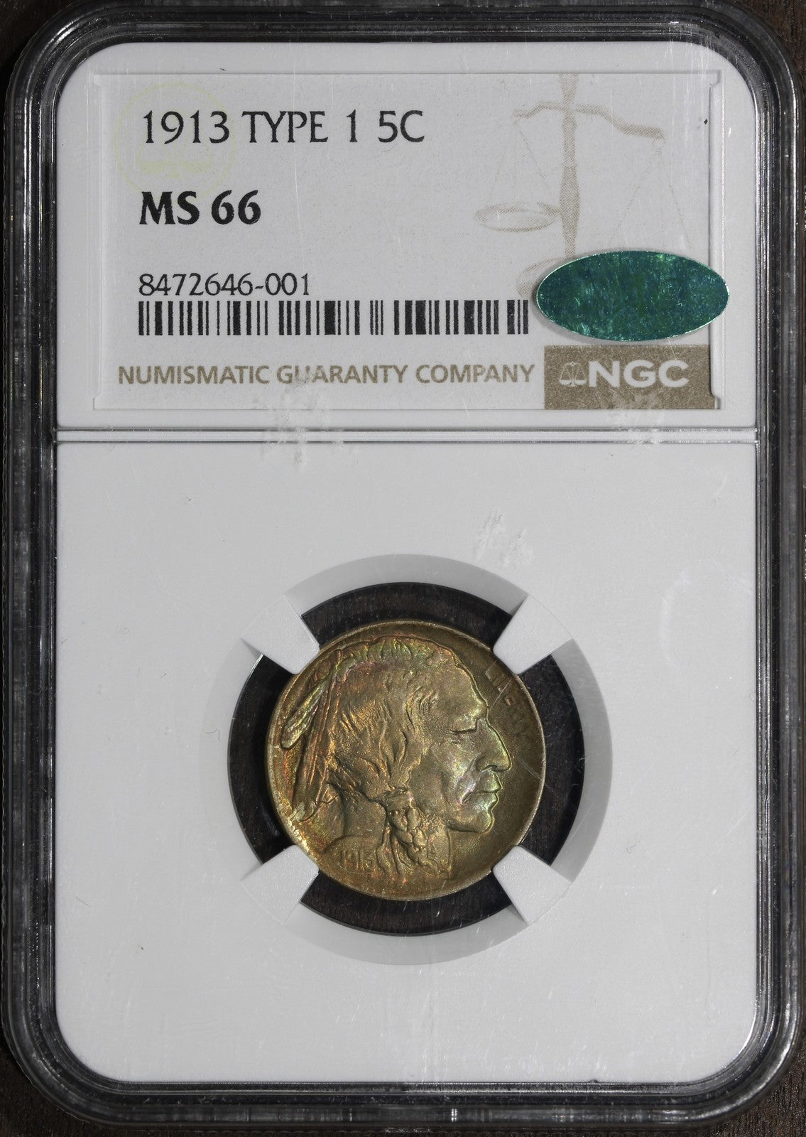 1913 (MS66 CAC) Type 1 Buffalo Nickel 5C NGC - Rainbow Toned