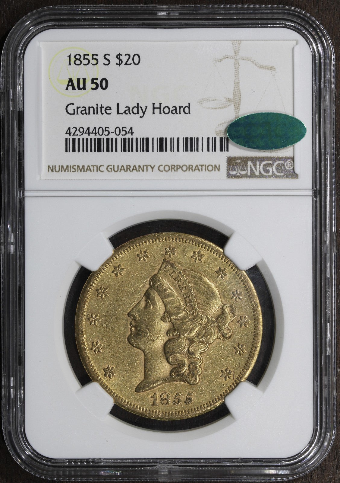 1855-S (AU50 CAC) Liberty Head Gold Double Eagle $20 NGC - Granite Lady Hoard