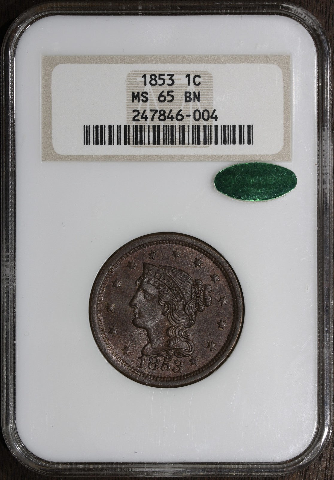 1853 (MS65 BN CAC) Braided Hair Large Cent 1C NGC - Old Holder