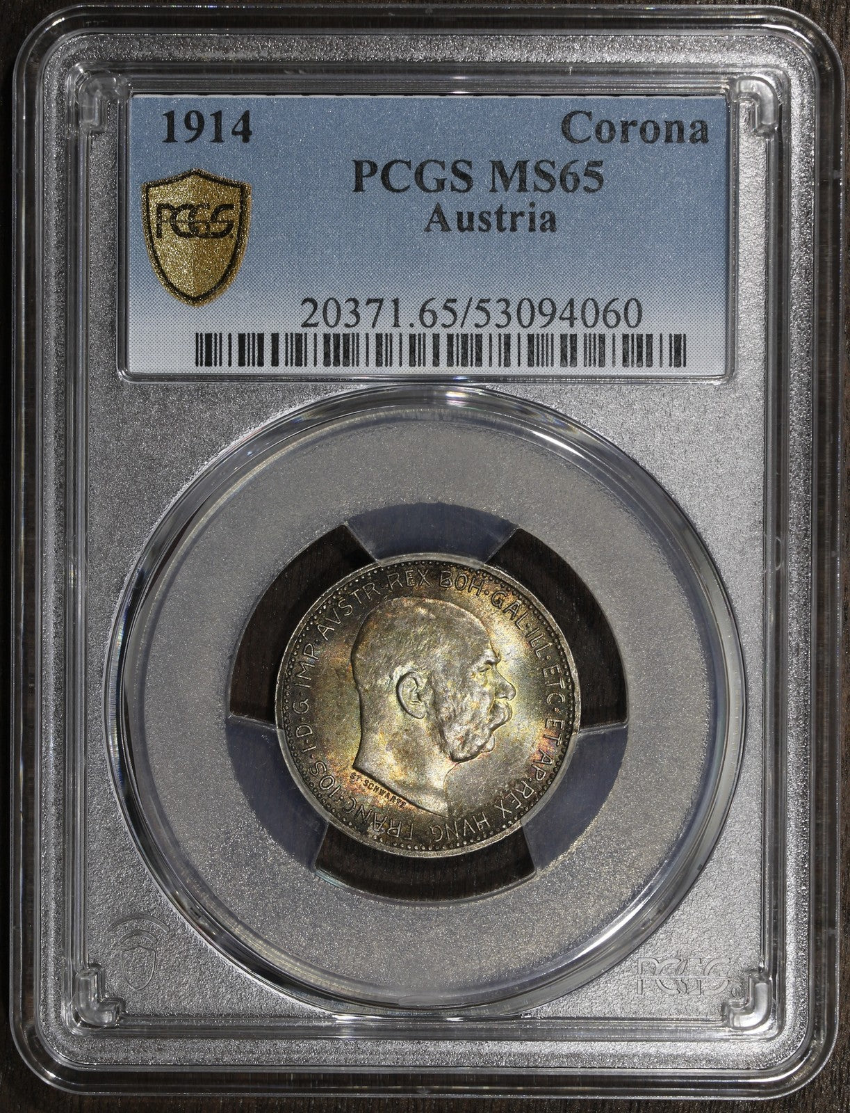 1914 (MS65) Austria Franz Joseph Silver 1 Corona PCGS - Rainbow Toned GEM