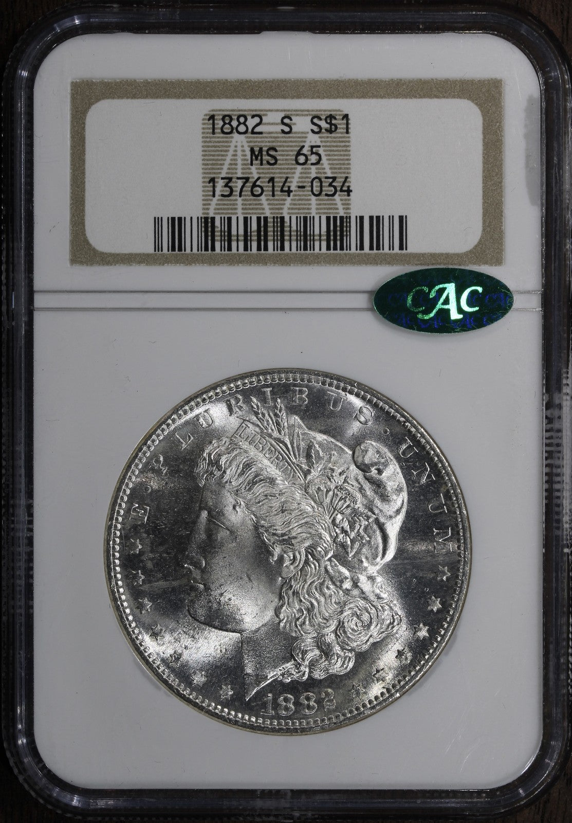 1882-S (MS65 CAC) Morgan Silver Dollar $1 NGC - Blast White Gem