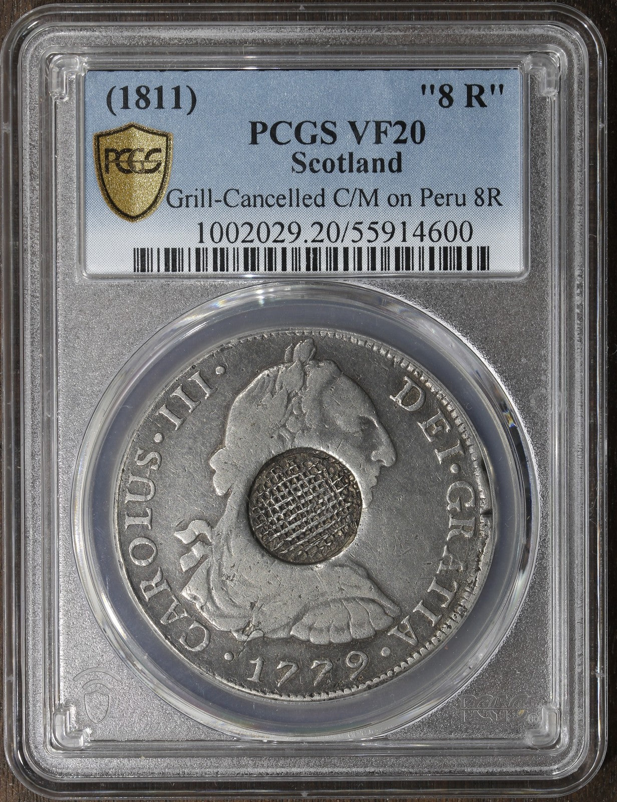 (1811) (VF20) Scotland C/M on Peru 8 Reales PCGS - Grill Cancelled