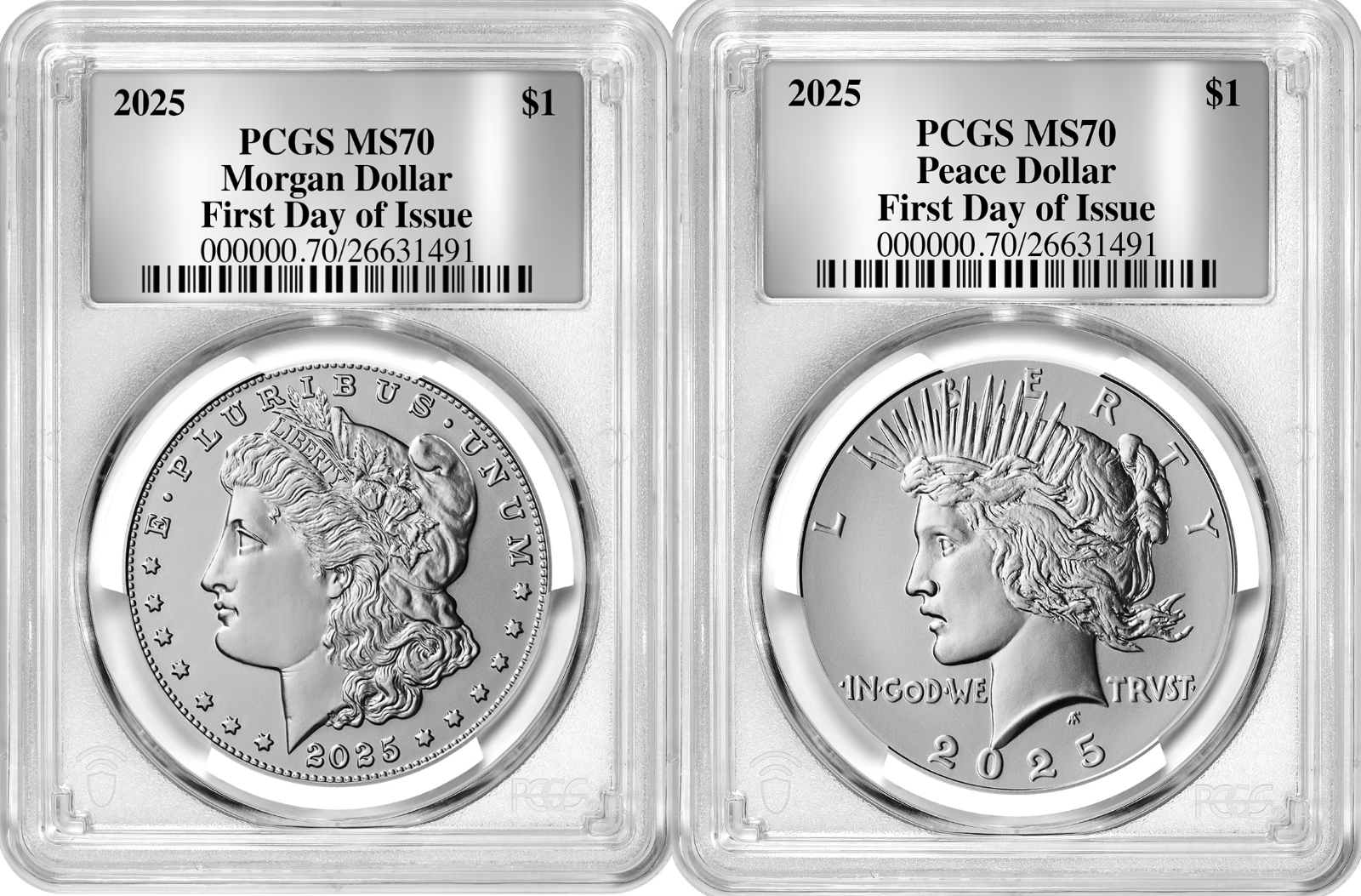 2025 (MS70) Morgan & Peace Silver Dollar First Day of Issue FDOI PCGS