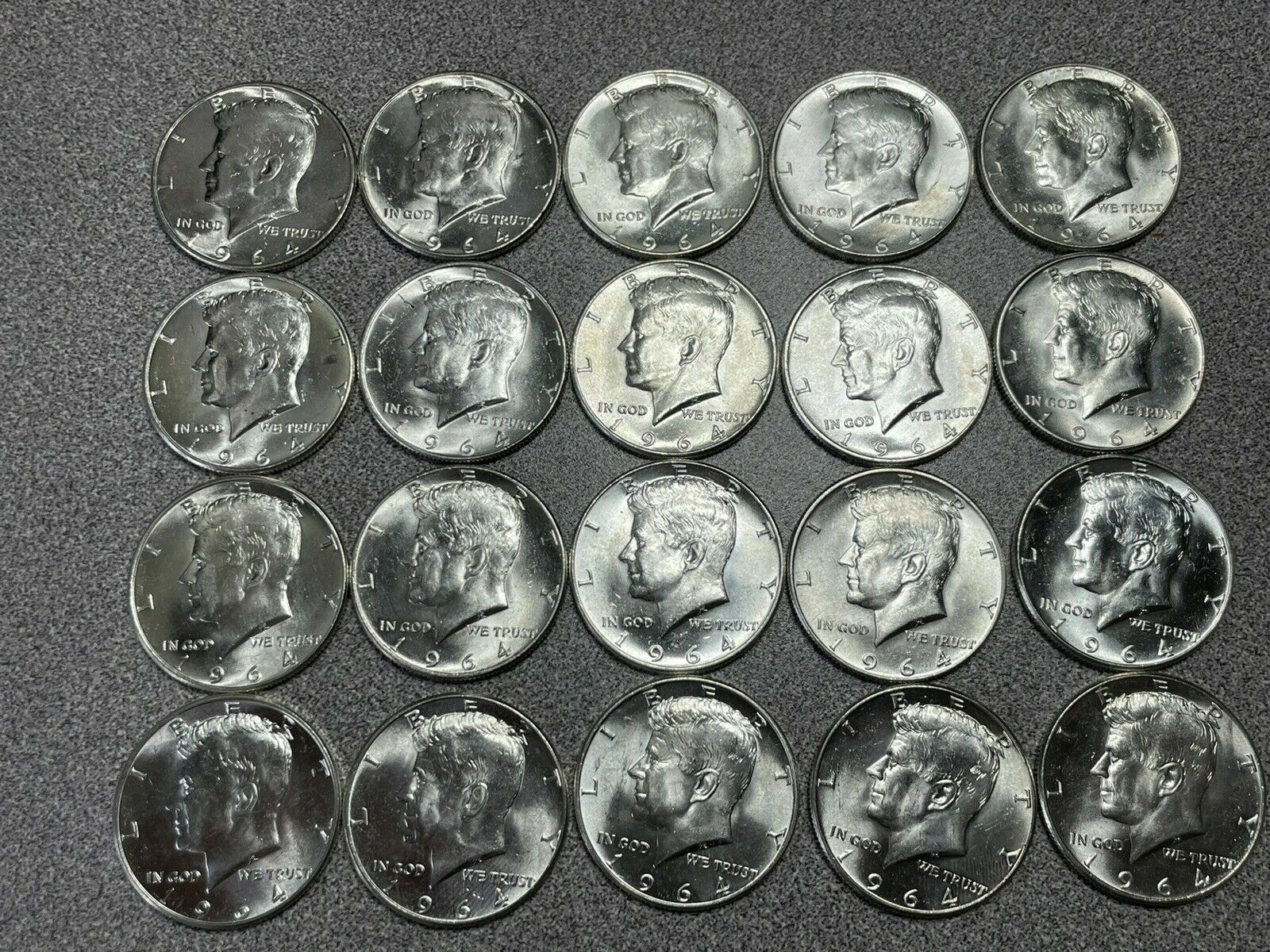 20 BU 1964 Kennedy Half UNC Dollars - 1 Roll of Uncirculated Halves -50c Coins