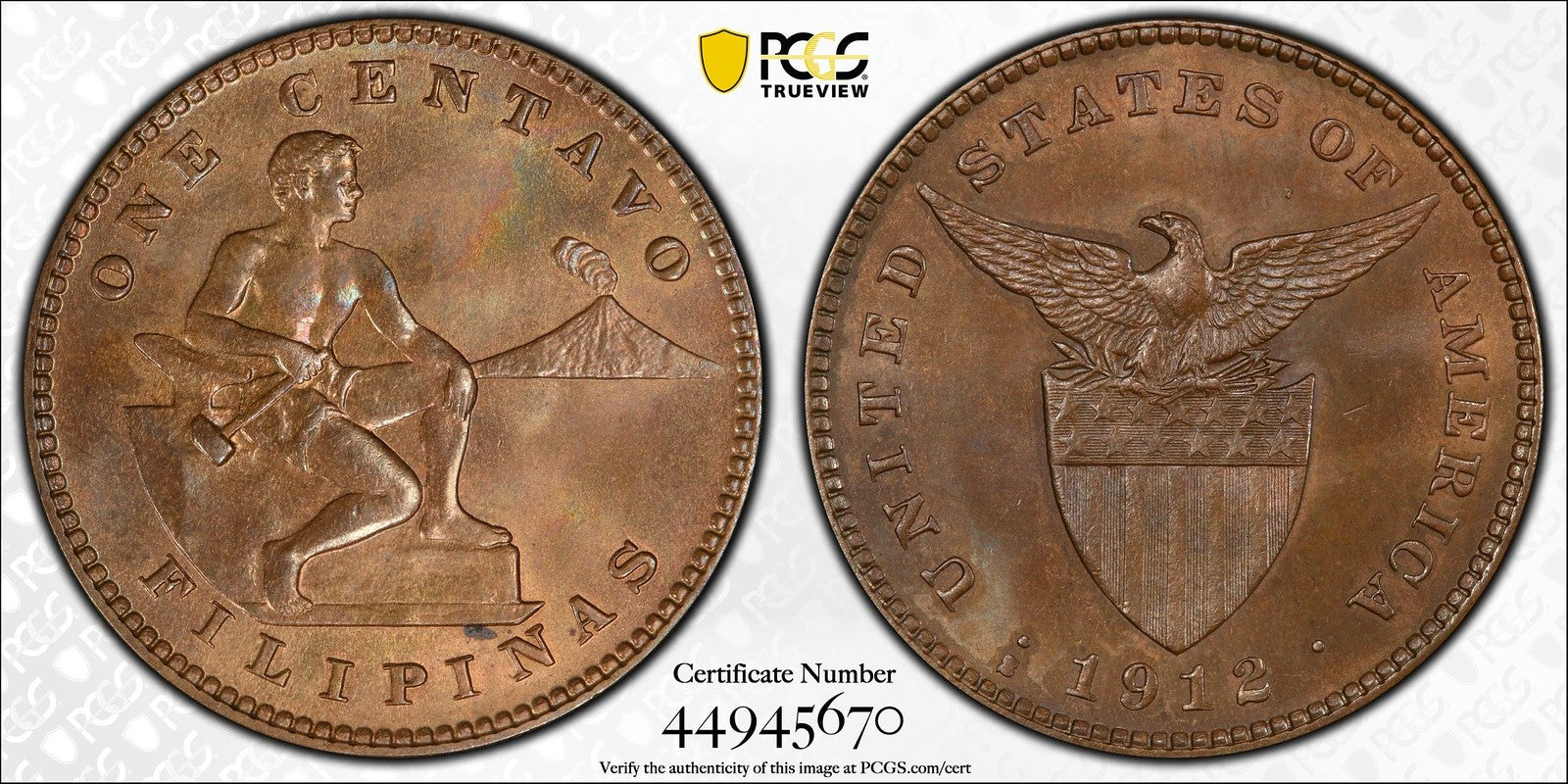 1912-S (MS64BN) US Philippines One Centavo 1C PCGS - Near Gem