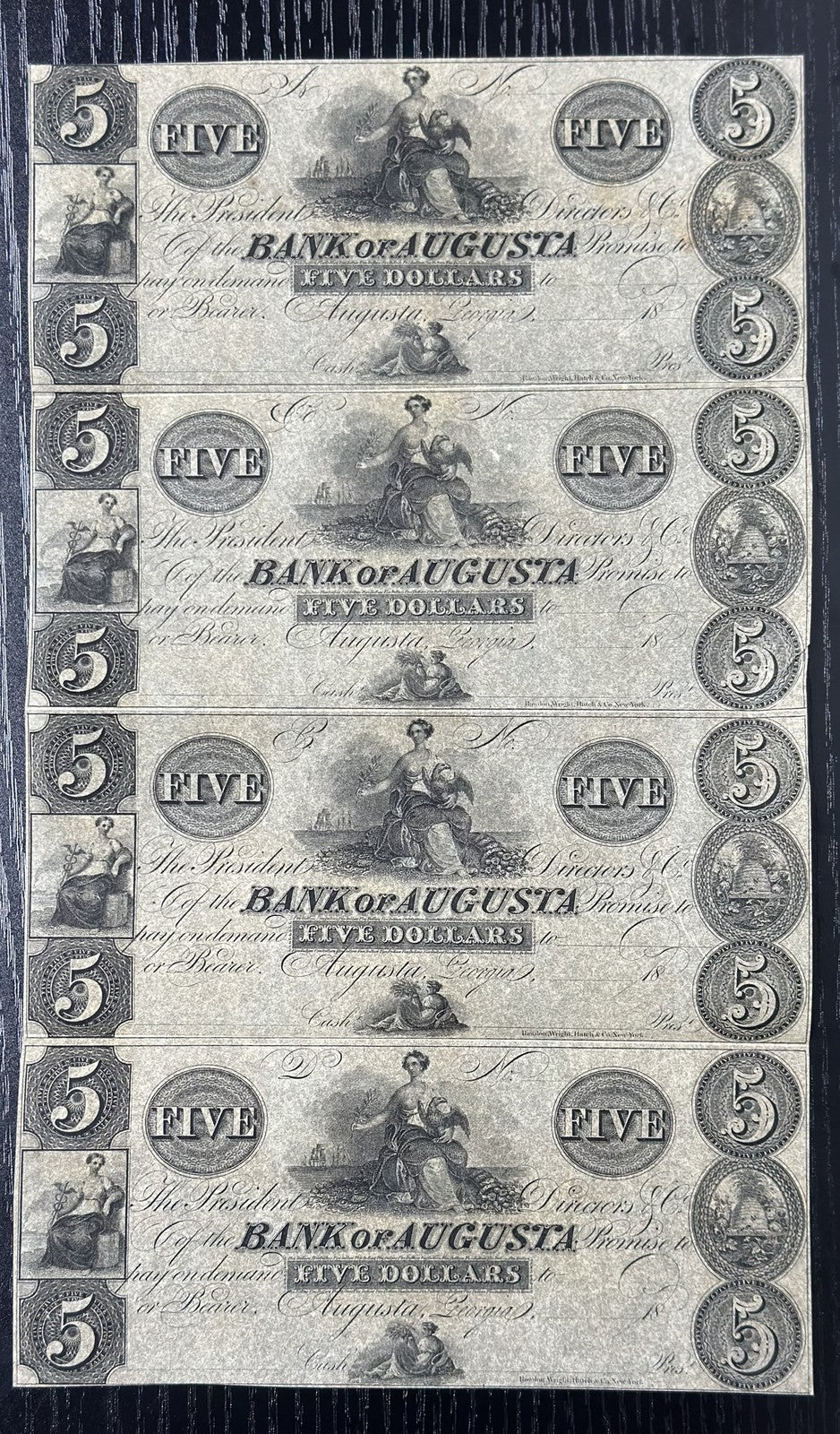 1800's Bank of Augusta Obsolete Bank Note Uncut Sheet $5,5,5,5 - Remainder