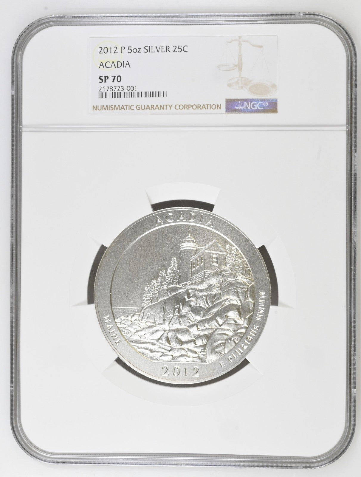 2012-P (SP70) America The Beautiful ATB 5 oz Silver Acadia National Park 25C NGC