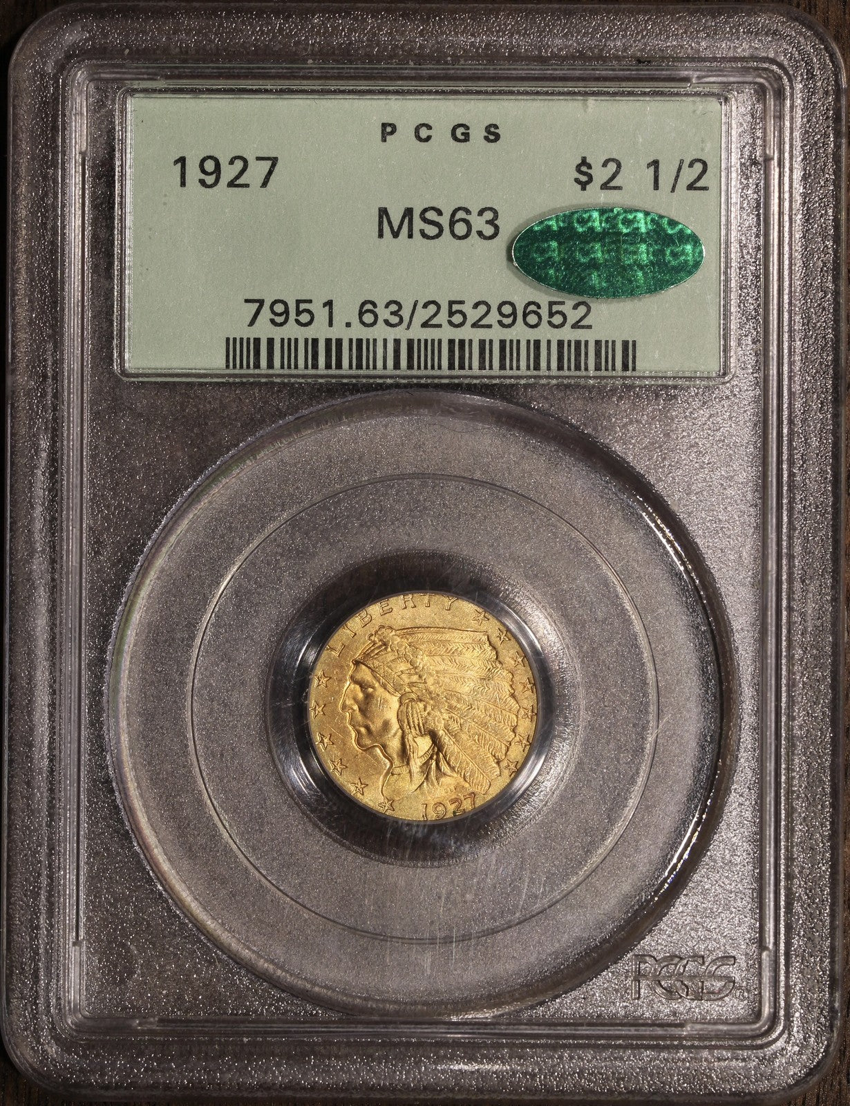1927 (MS63 CAC) Indian Head Quarter Eagle $2.50 Gold PCGS OGH