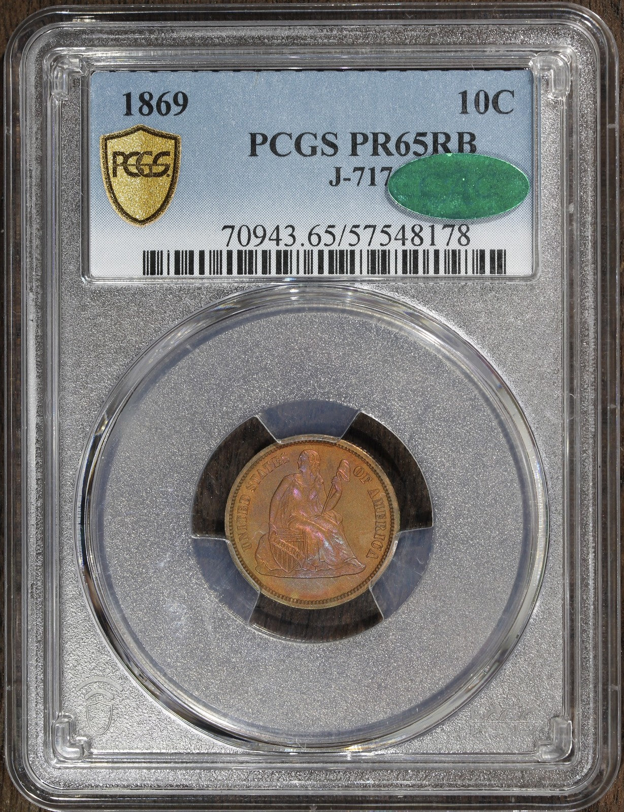 1869 (PR65RB CAC) Pattern Seated Liberty Dime PCGS - Judd-717 TOP POP!