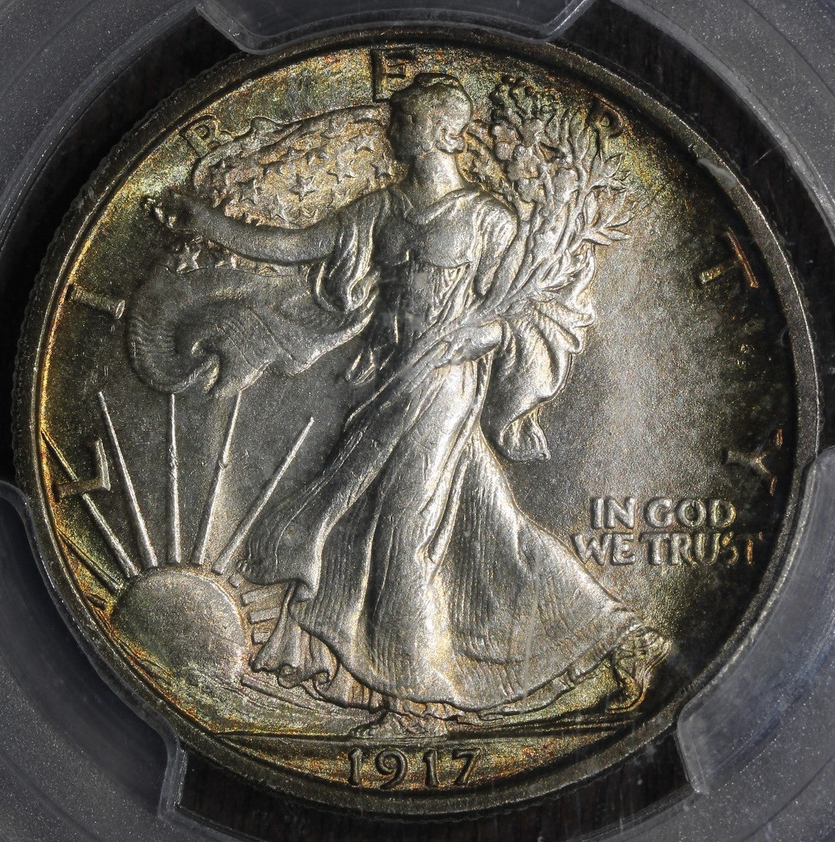 1917 (MS64) Walking Liberty Half Dollar 50C PCGS - Colorful Rainbow Rim Toning