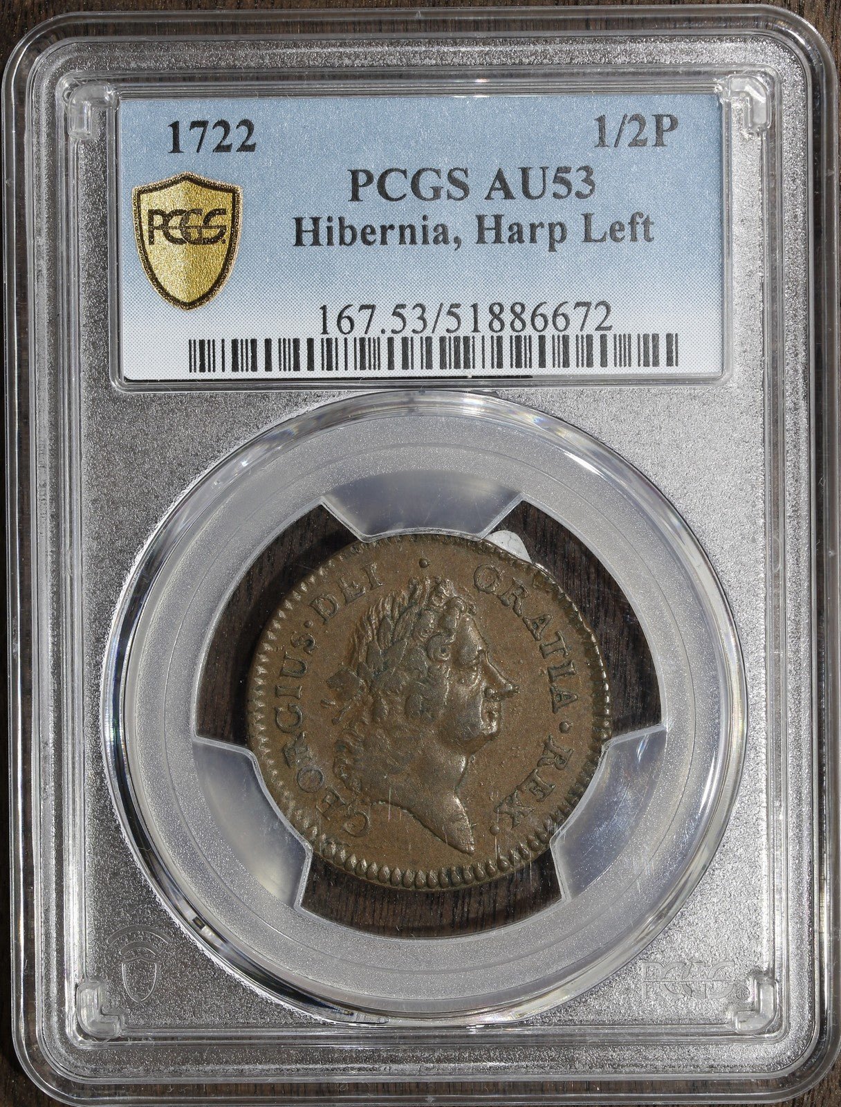 1722 (AU53) Hibernia Halfpenny Harp Left 1/2P PCGS - Colonial