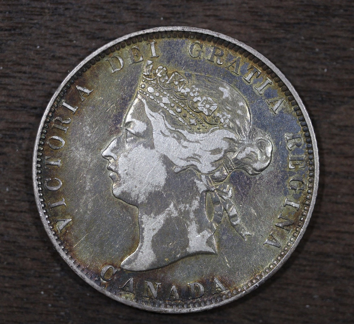 1874-H Canada 25 Cents - Queen Victoria Rainbow Toned Heaton Mint