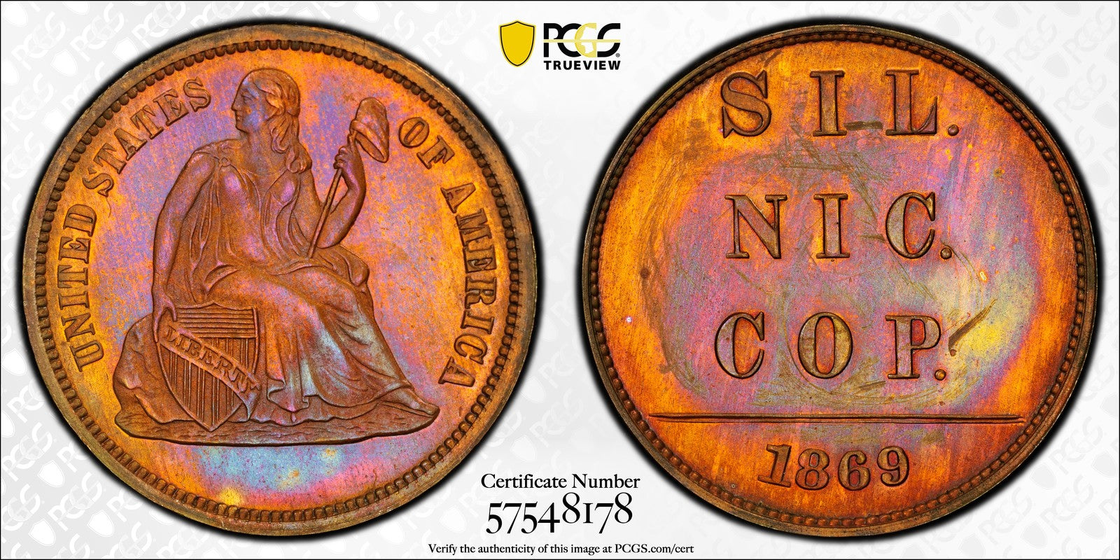 1869 (PR65RB CAC) Pattern Seated Liberty Dime PCGS - Judd-717 TOP POP!