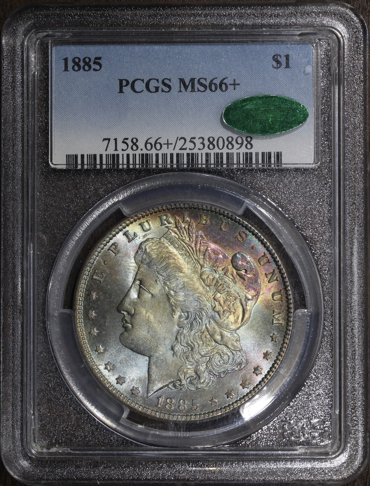1885 (MS66+ CAC) Morgan Silver Dollar $1 PCGS - Rainbow Toned Gem