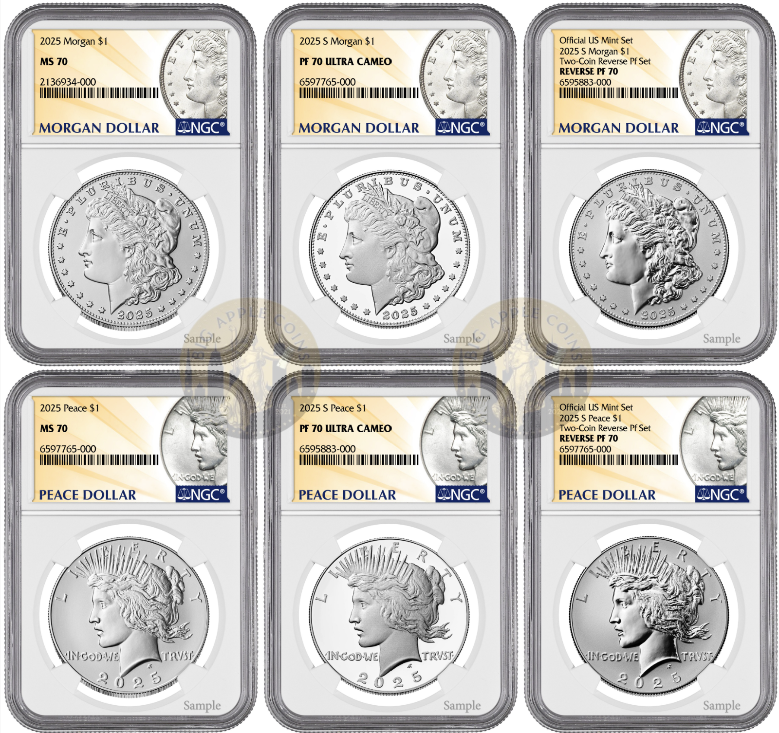 2025 (MS/PF/RP70) Six 6-Coin Set $1 Morgan & Peace Silver Dollar NGC