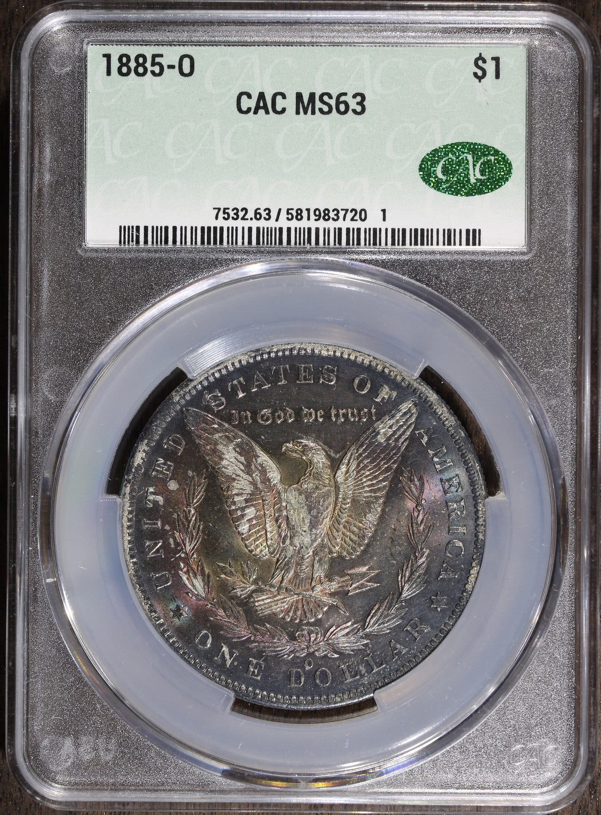 1885-O (MS63) Morgan Silver Dollar $1 CACG - Rainbow Toned!