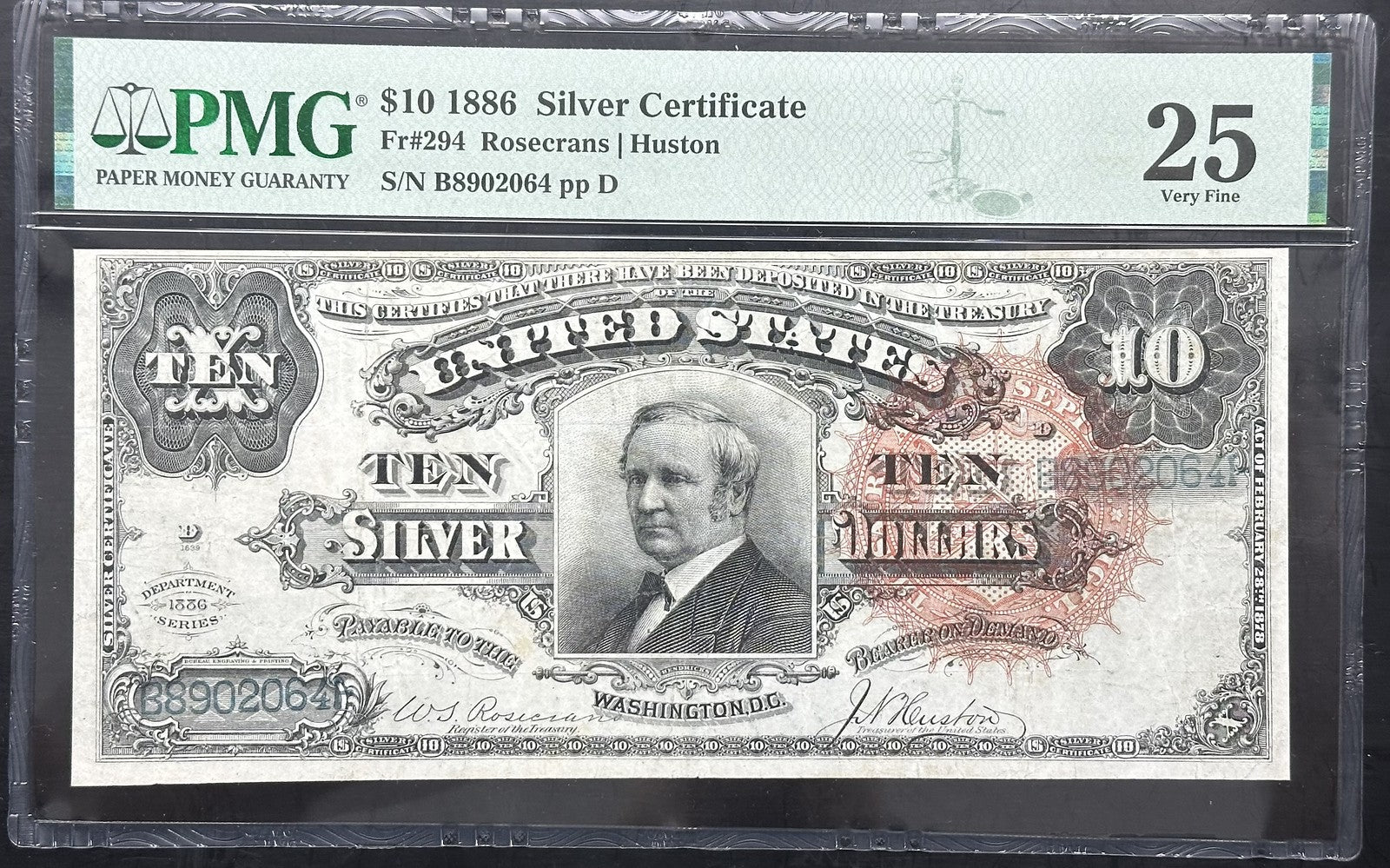 1886 $10 Treasury Note Fr. 294 PMG VF25 - Tombstone