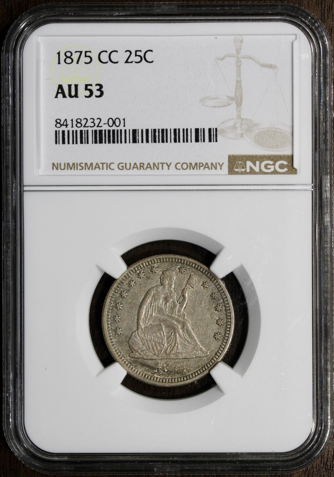 1875-CC (AU53) Seated Liberty Quarter 25C NGC - Carson City Key Date
