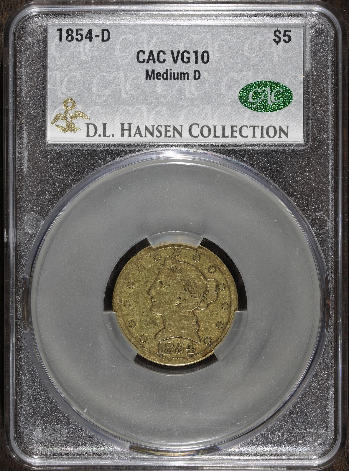 1854-D (VG10 CAC) Liberty Head Half Eagle $5 CACG - Dahlonega Gold - DL Hansen