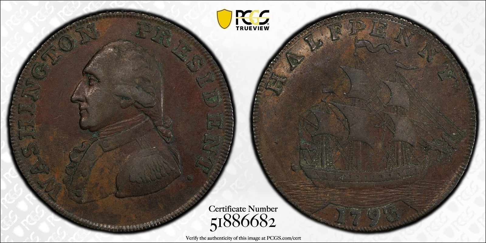1893/2 (XF45) Washington Ship Halfpenny 1/2P PCGS - Colonial