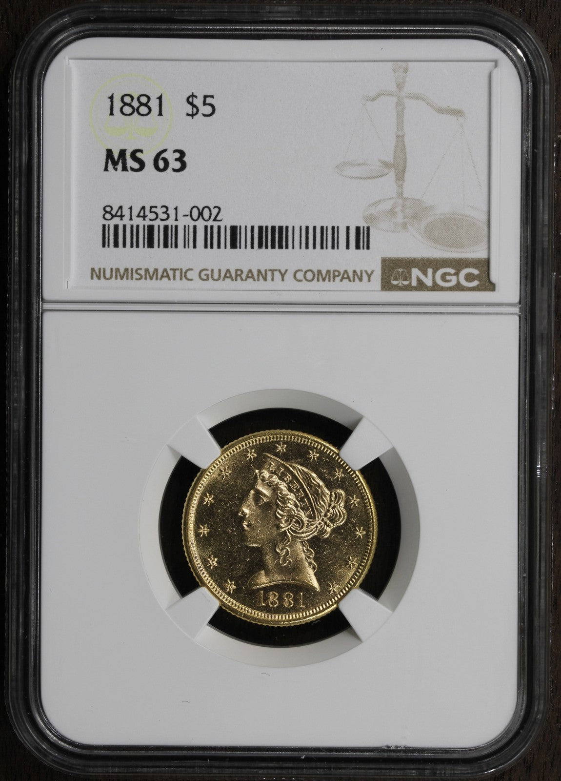 1881 (MS63) Liberty Head Gold Half Eagle $5 NGC - Prooflike Surfaces