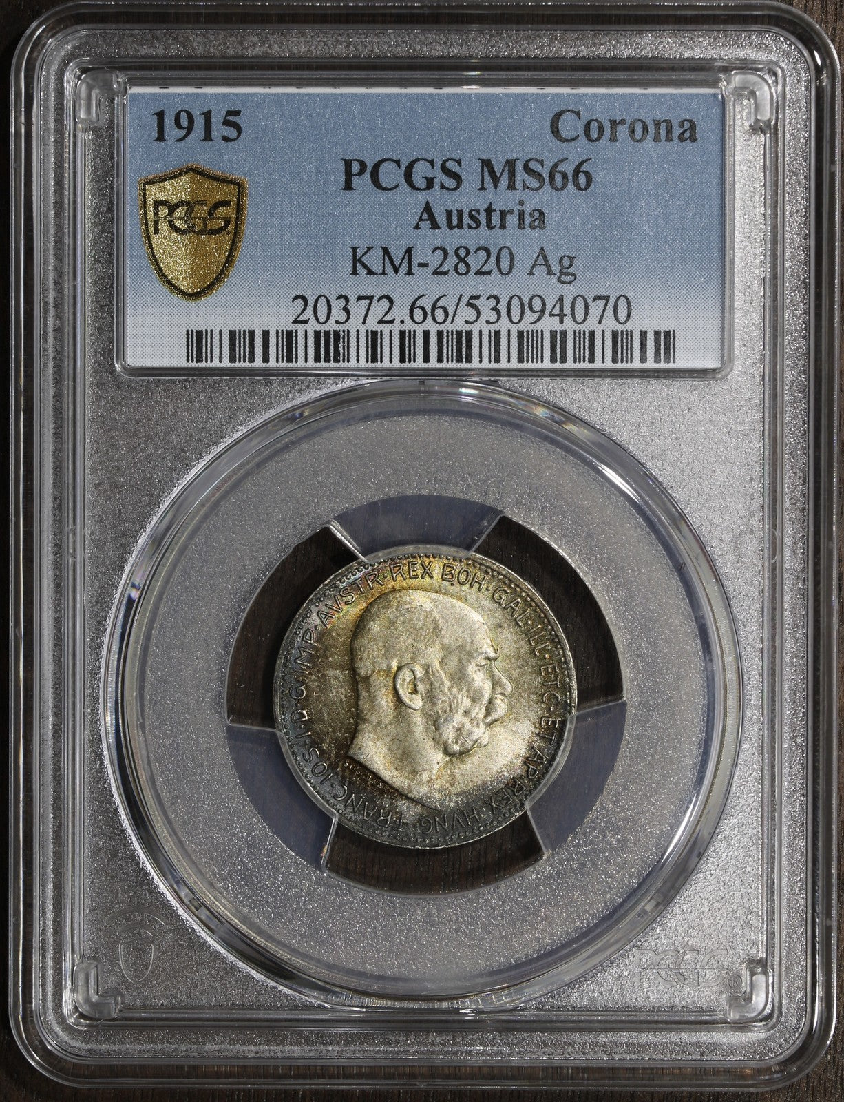 1915 (MS66) Austria Franz Joseph Silver 1 Corona PCGS - Nicely Toned!