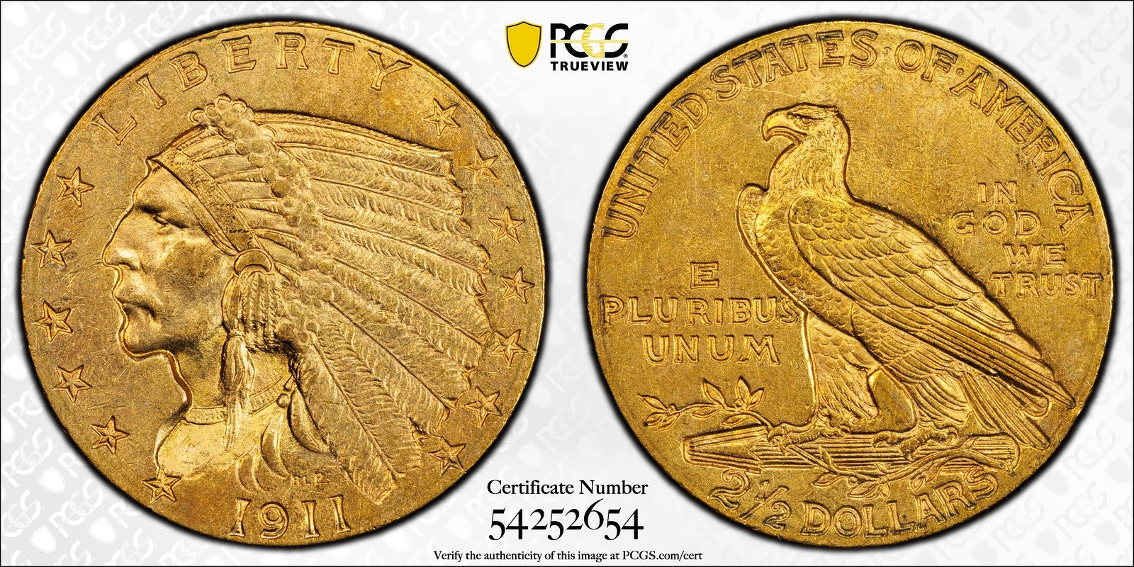 1911 (MS62) Indian Head Gold Quarter Eagle $2.50 PCGS