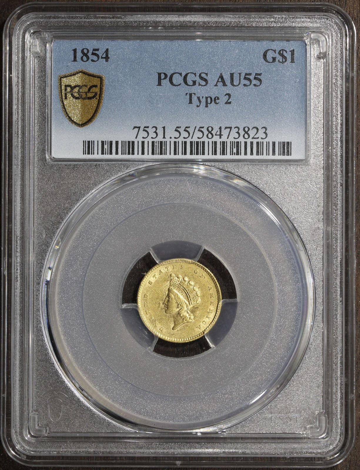 1854 (AU55) Type 2 Indian Princess Gold Dollar $1 PCGS