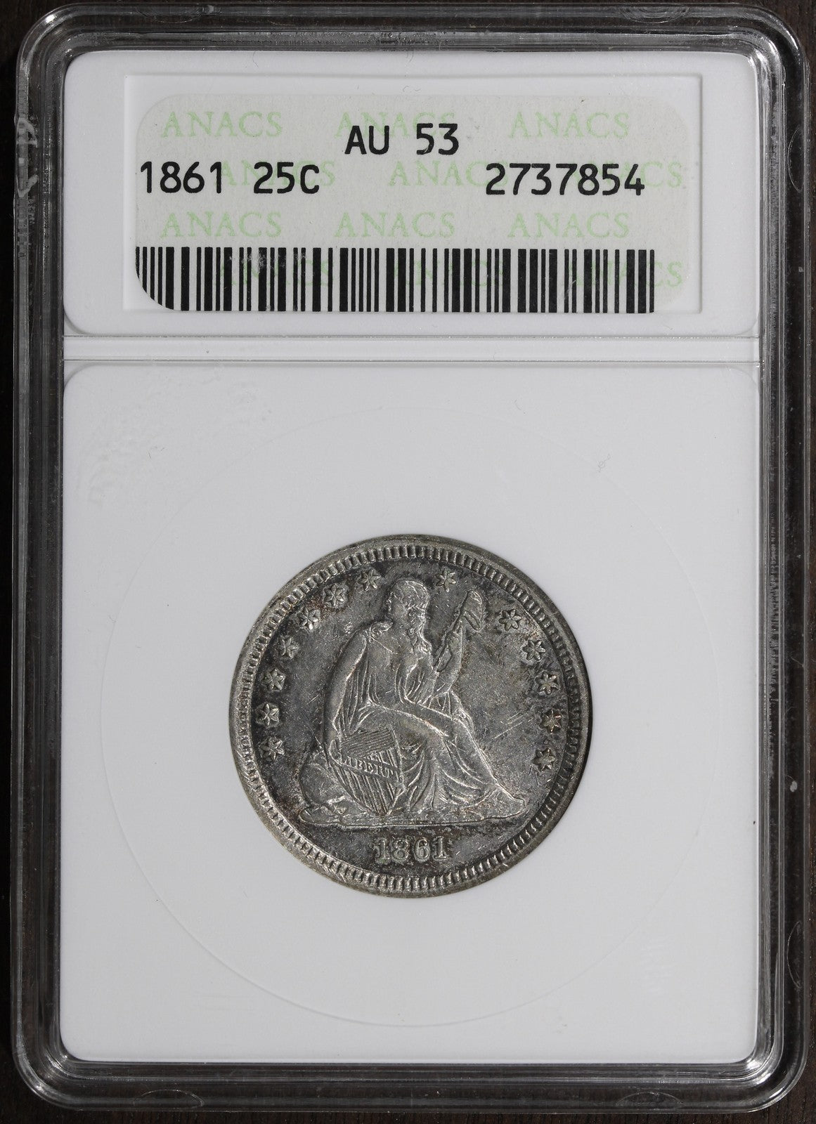 1861 (AU53) Seated Liberty Quarter 25C ANACS Soapbox - Better Date