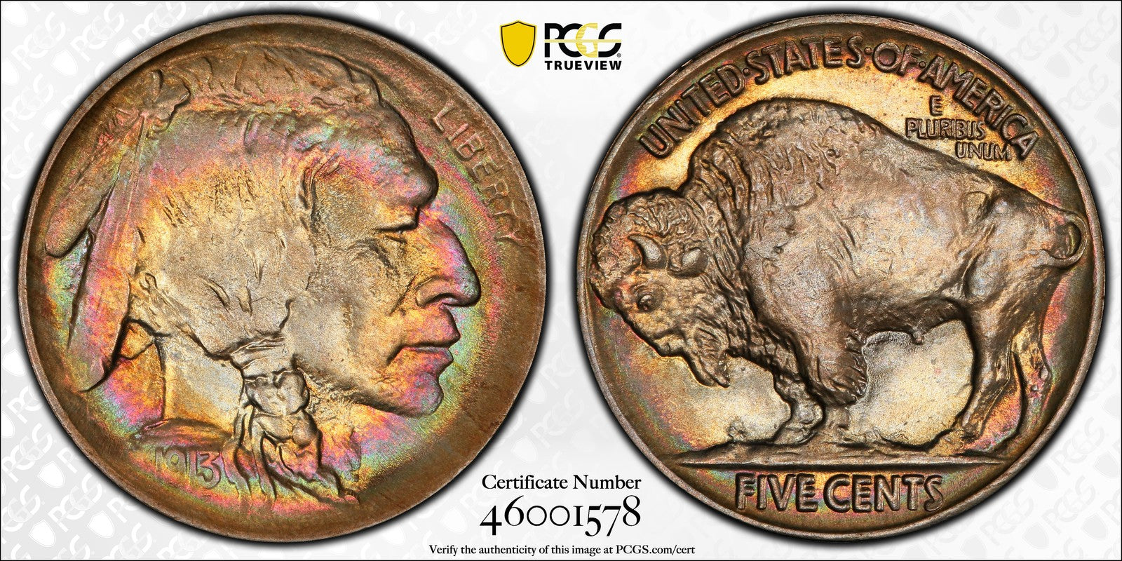 1913 (MS66) Type 2 Buffalo Nickel 5C PCGS - Rainbow Toned