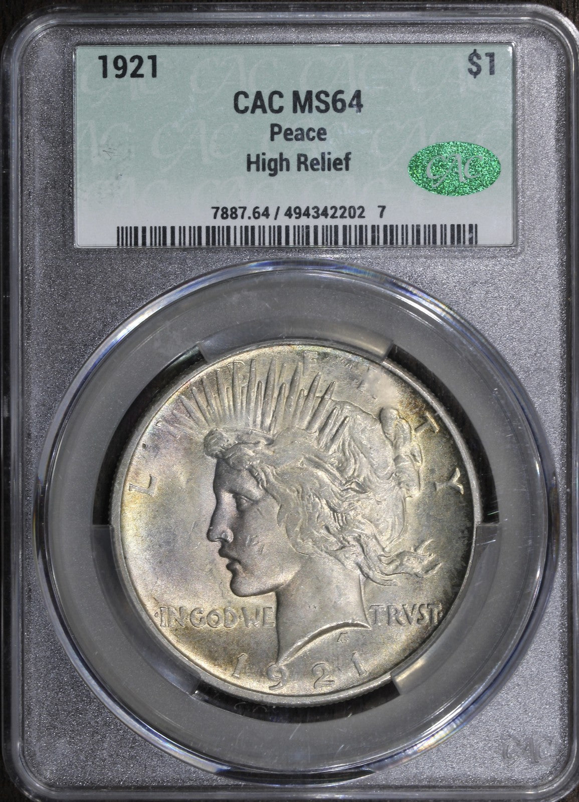 1921 (MS64 CAC) High Relief Peace Silver Dollar $1 CACG - Original