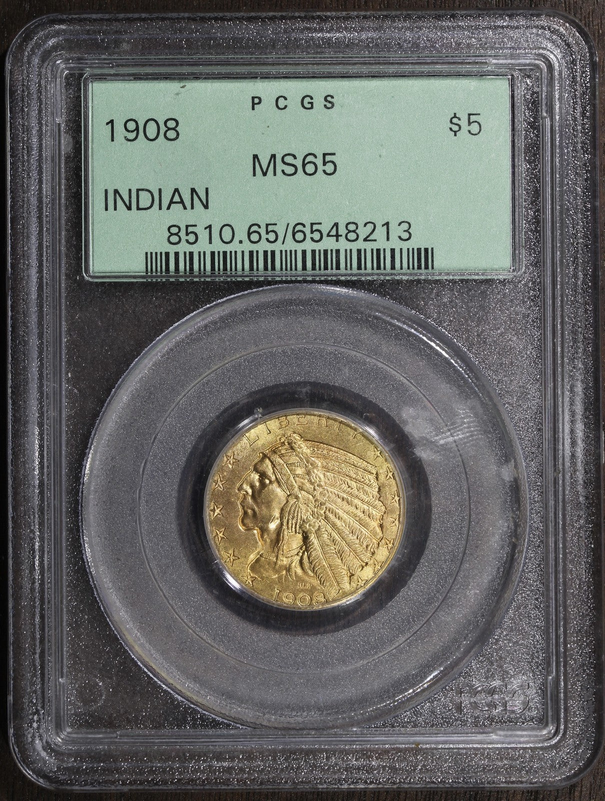 1908 (MS65) Indian Head Half Eagle $5 PCGS OGH