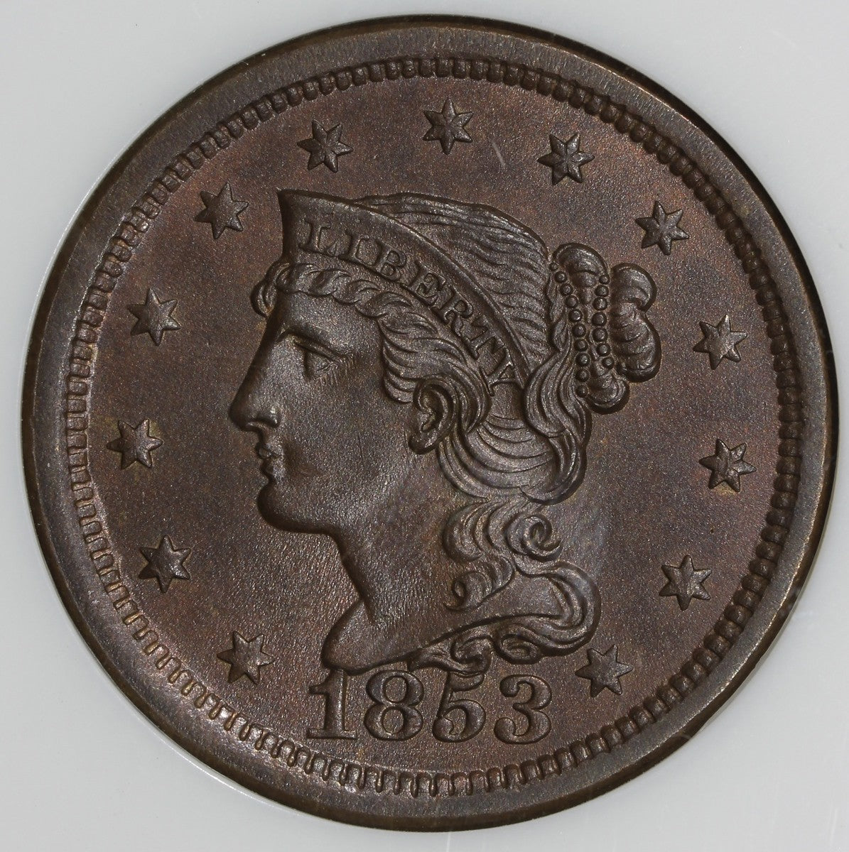 1853 (MS65 BN CAC) Braided Hair Large Cent 1C NGC - Old Holder