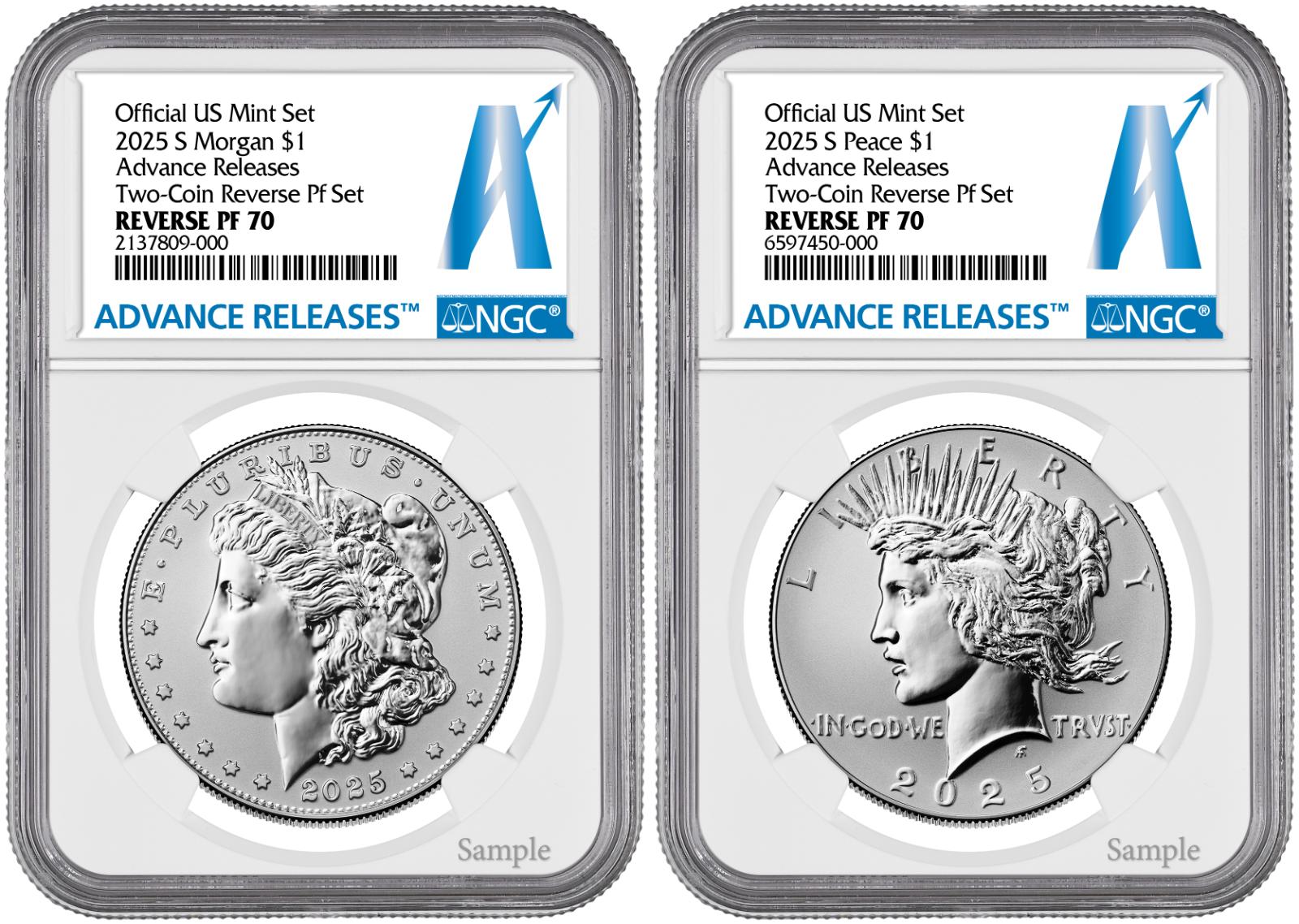 2025-S (PF70) Reverse Proof Morgan & Peace Silver Dollar (2 Coin Set) Adv AR NGC