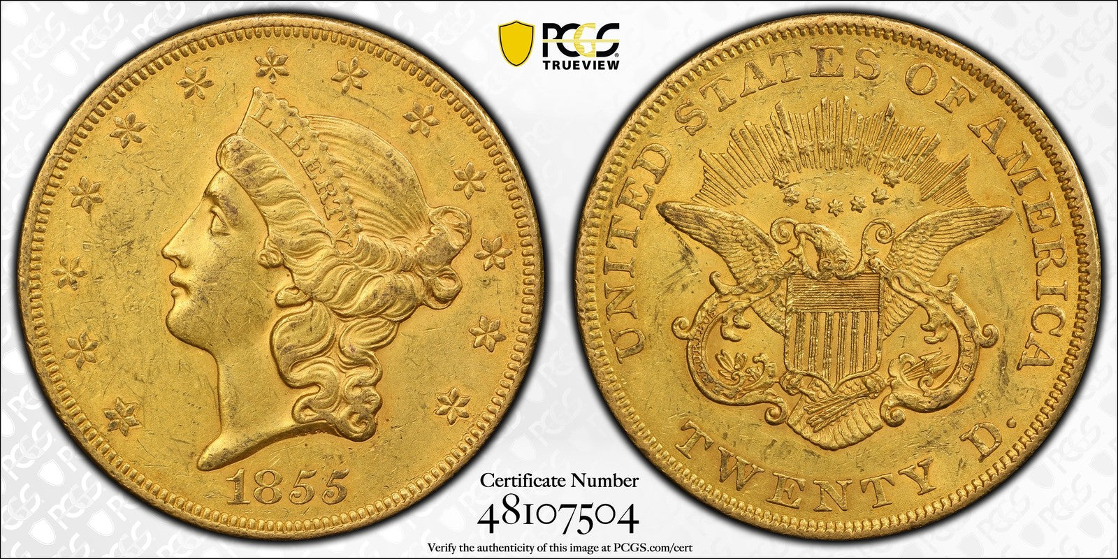 1855 (AU58) Liberty Head Gold Double Eagle $20 PCGS
