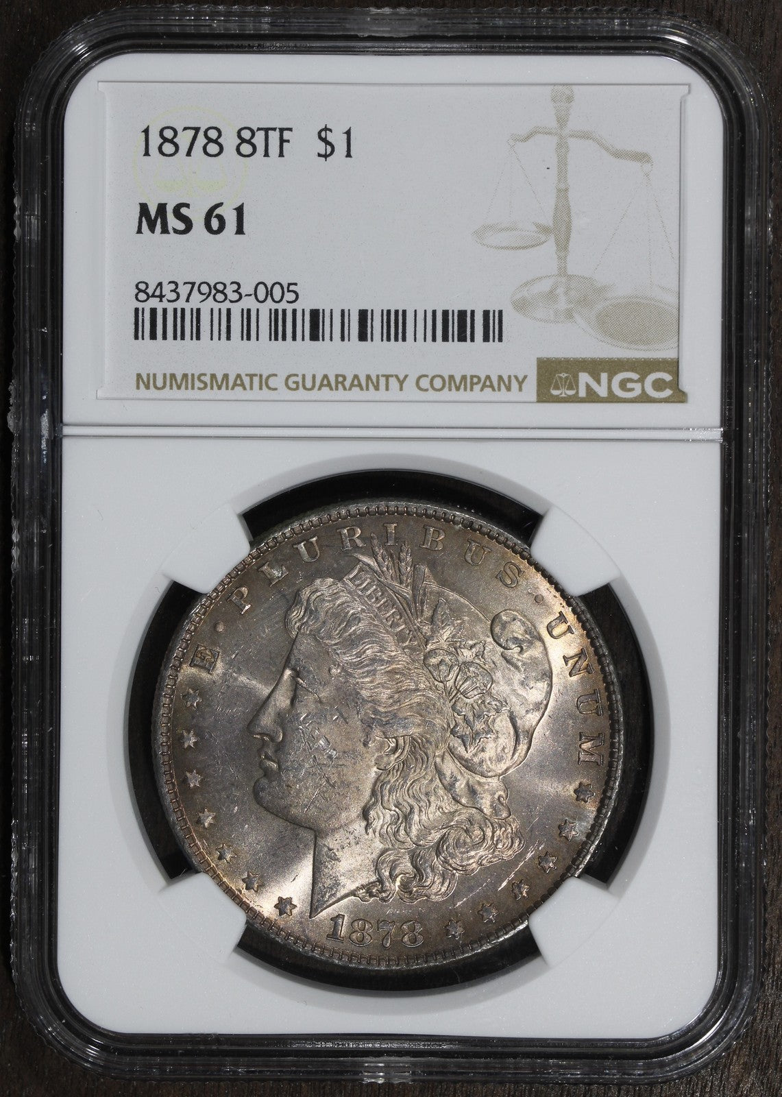 1878 (MS61) Morgan Silver Dollar $1 PCGS - 8 Tailfeather 8TF