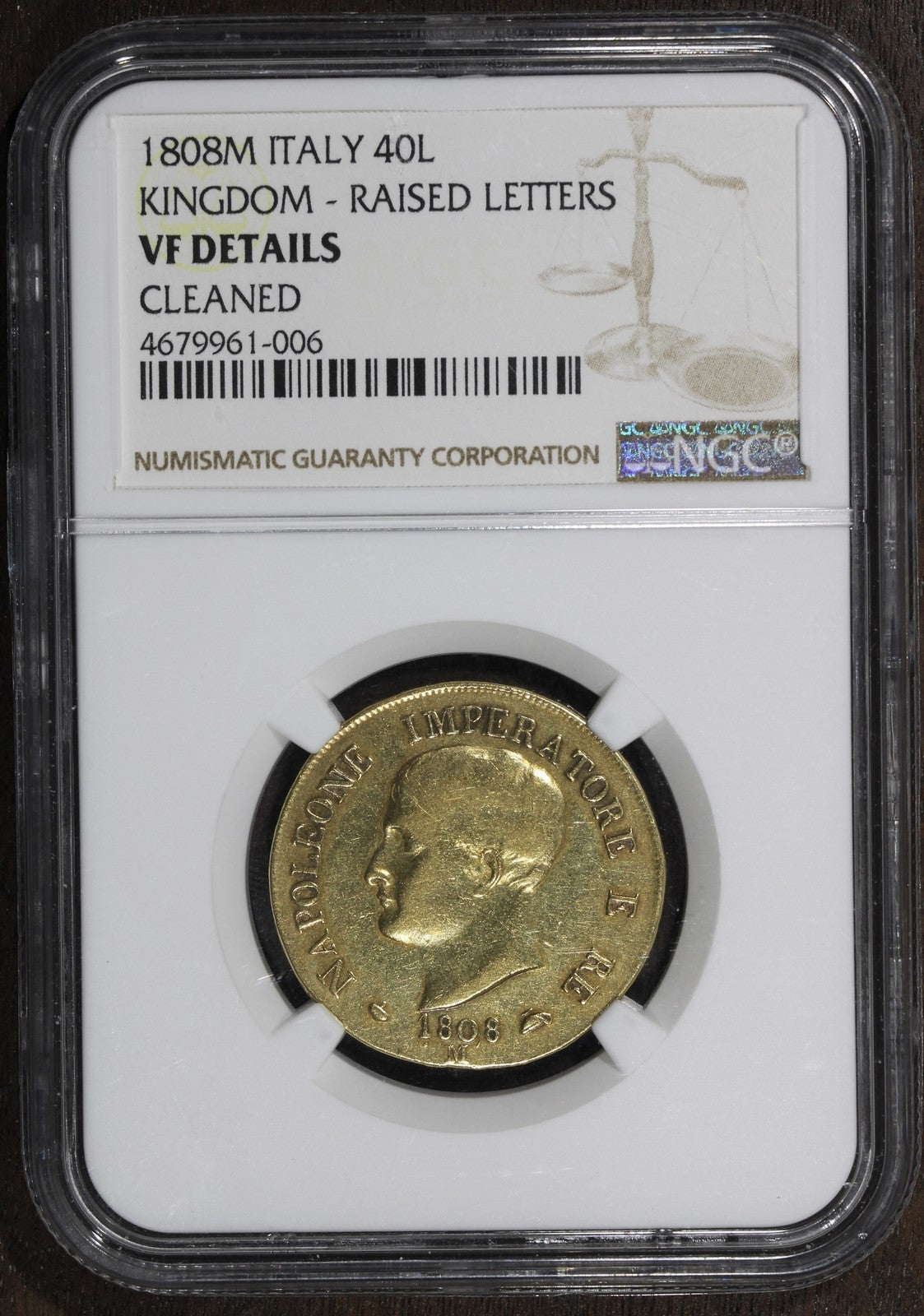 1808-M (VF Details) Napoleon Kingdom of Italy Gold 40 Lire NGC - 40L