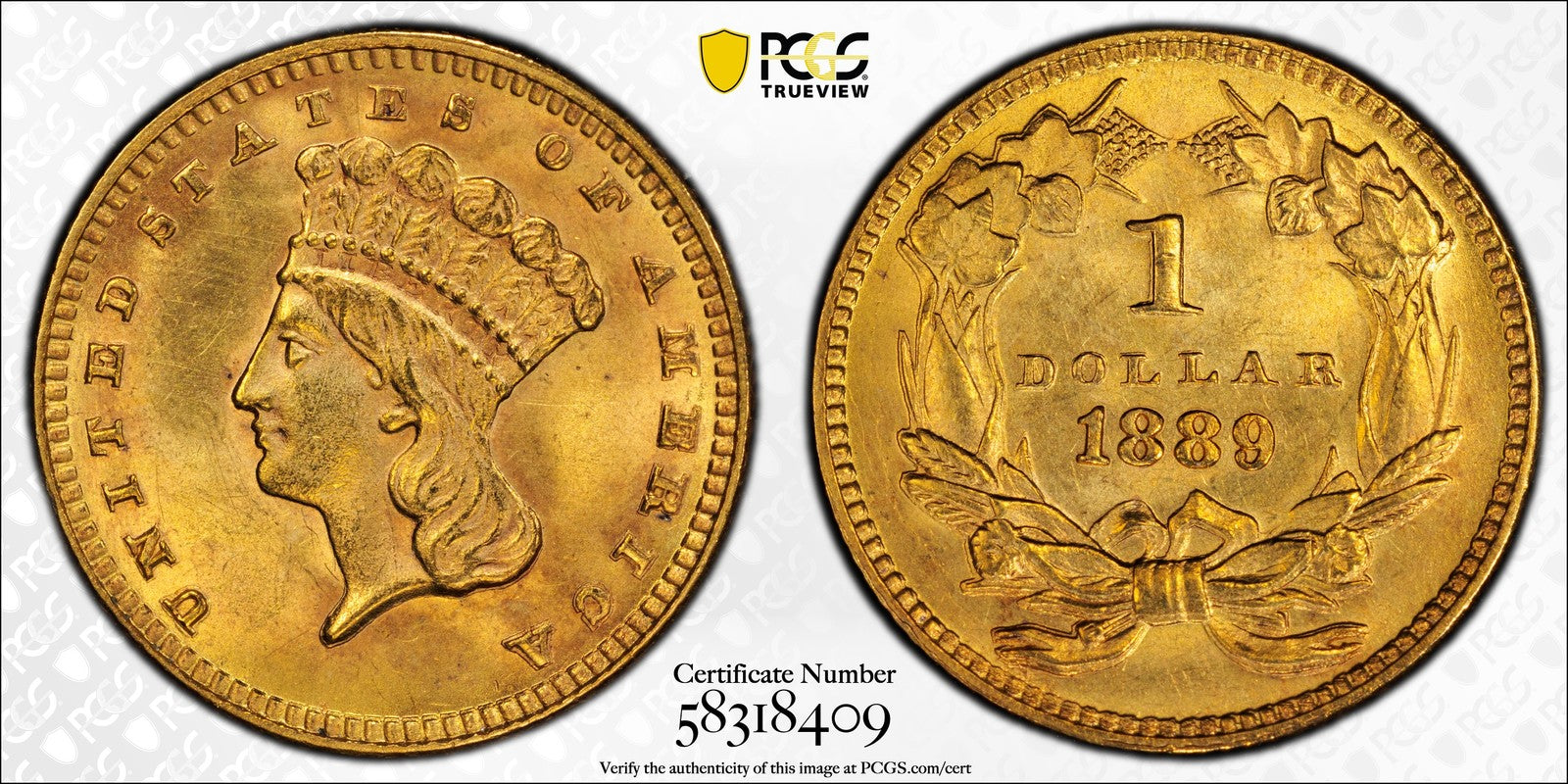 1889 (MS63) Type 3 Gold Dollar G$1 PCGS