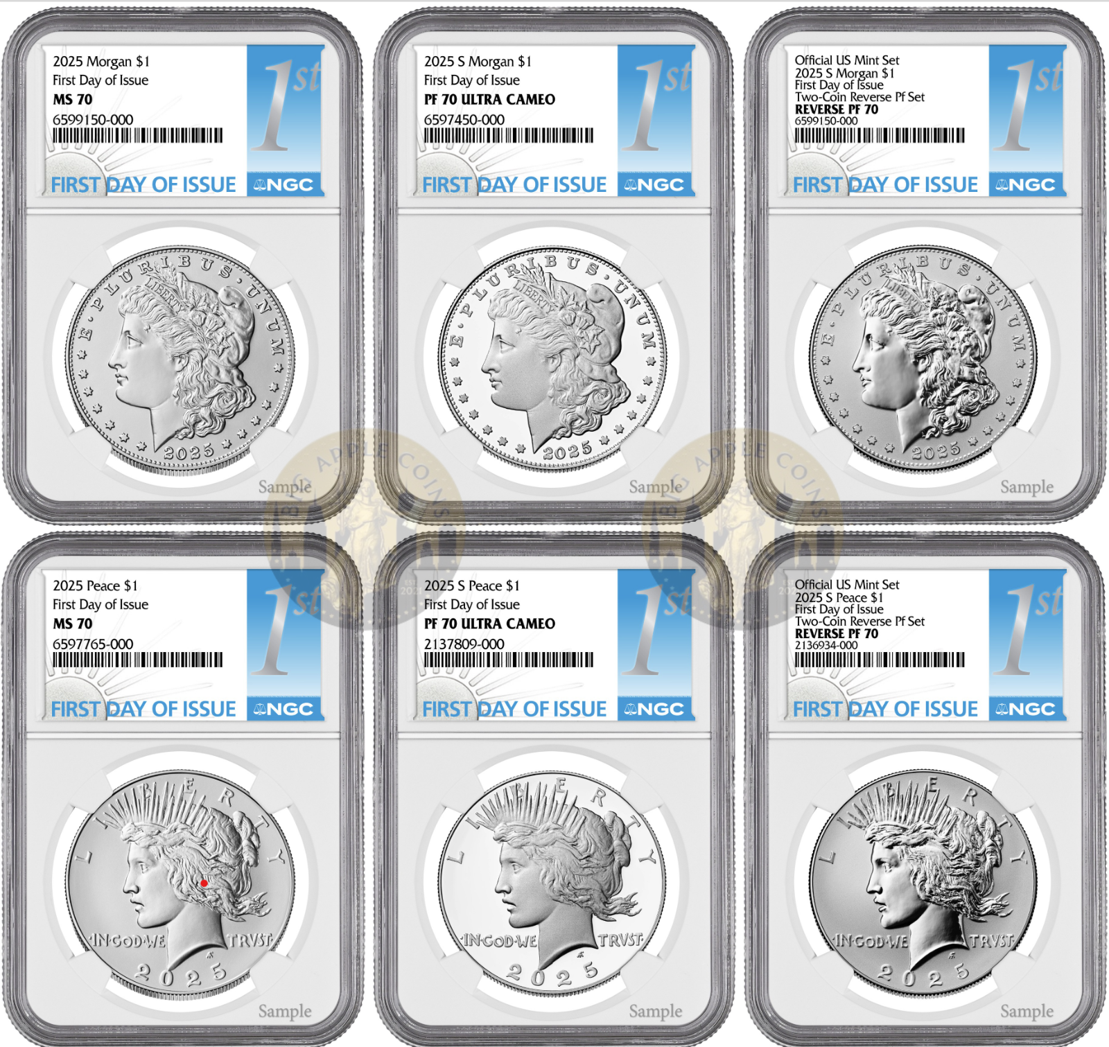 2025 (MS/PF/RP70) Six 6-Coin Set $1 Morgan & Peace Silver Dollar NGC FDOI First