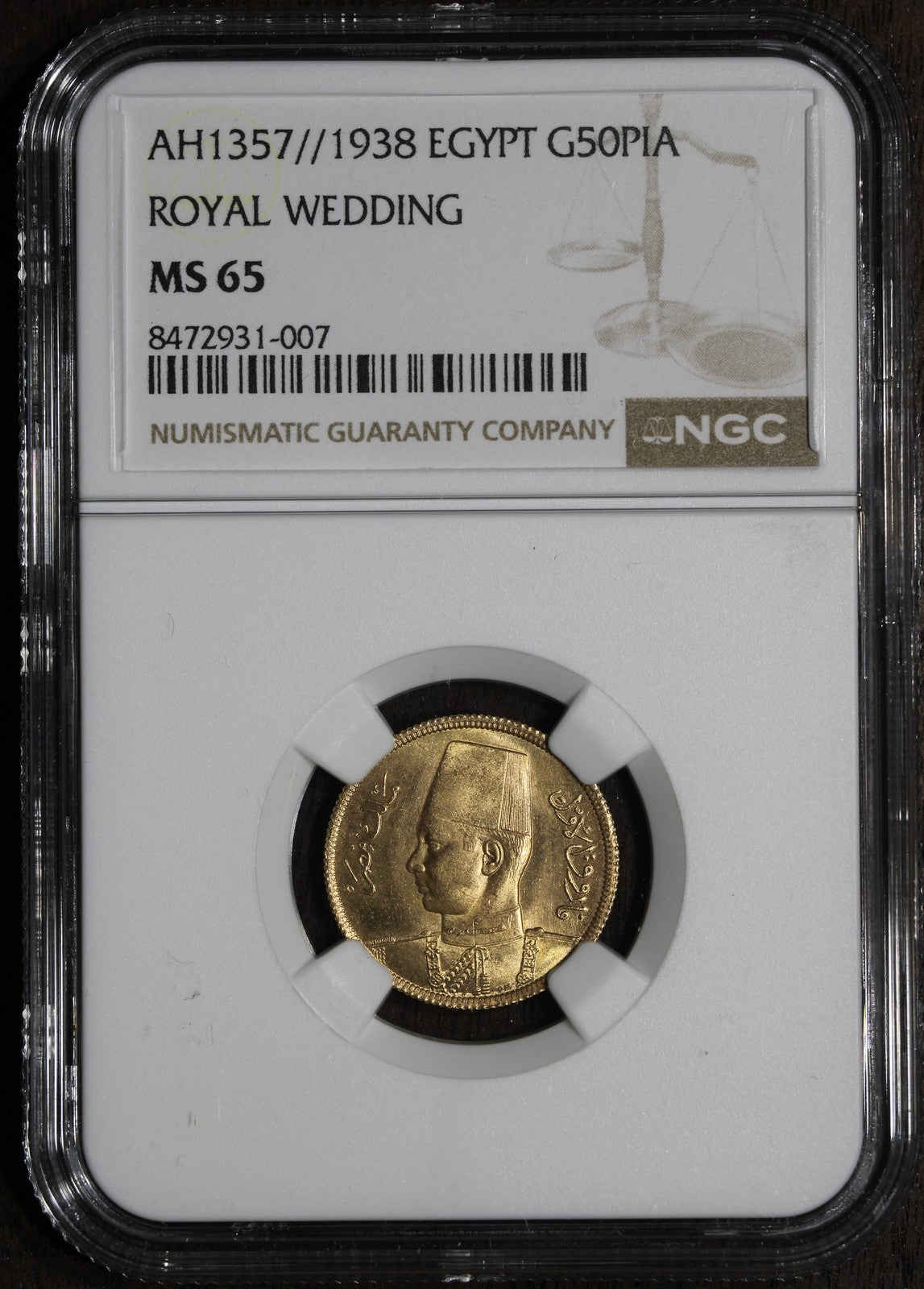 1938 (MS65) Egypt King Farouk Royal Wedding Gold 50 Piastres NGC - Beautiful