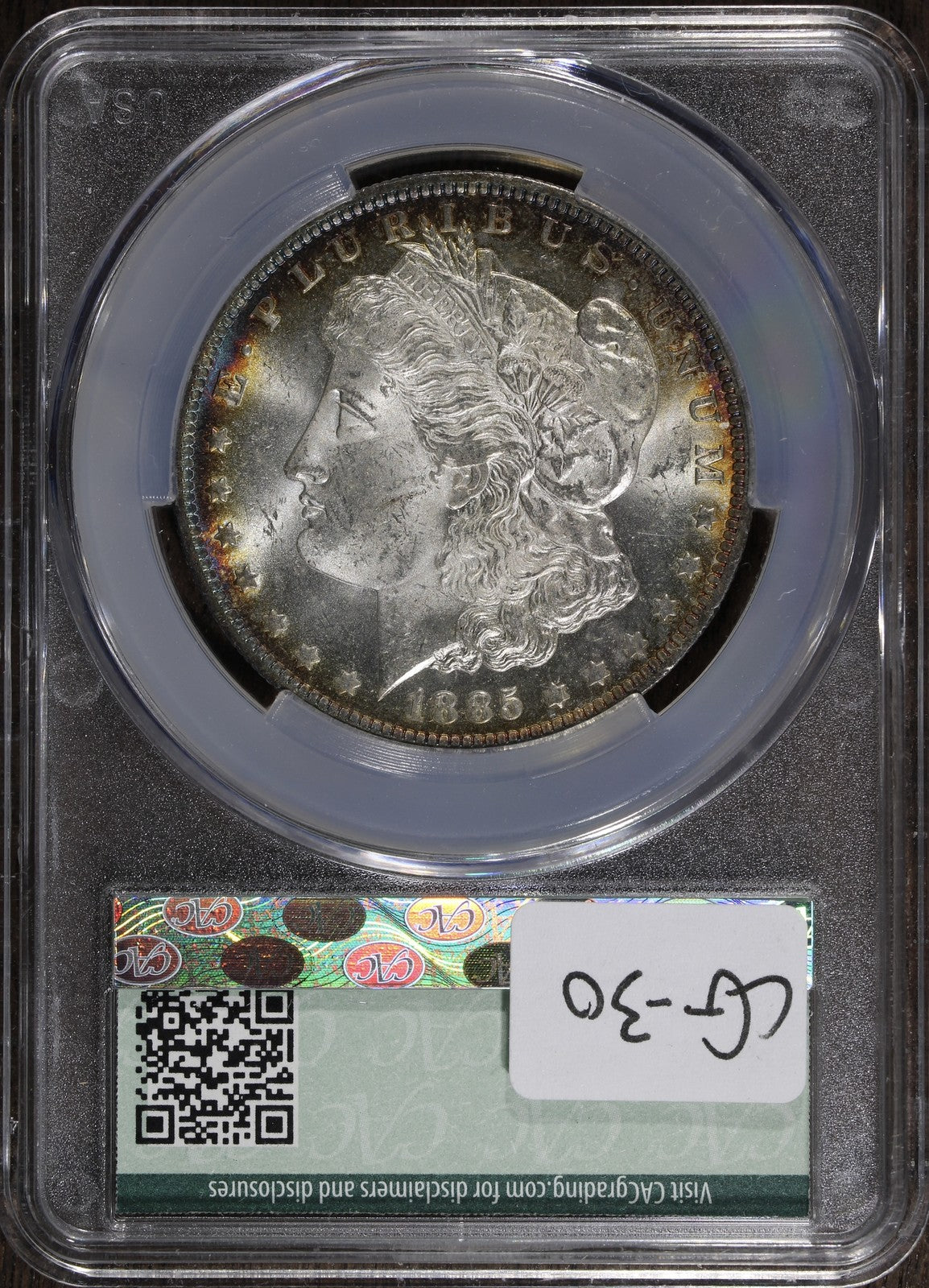 1885-O (MS63) Morgan Silver Dollar $1 CACG - Rainbow Toned!