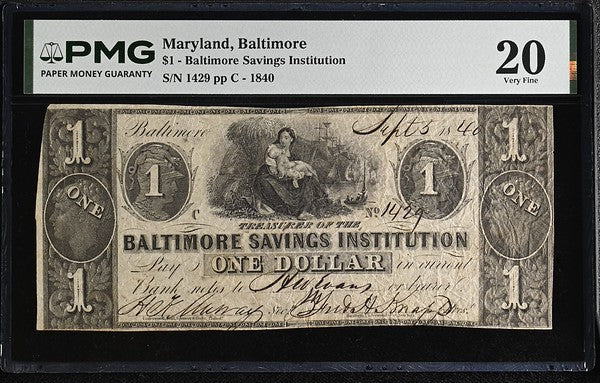 Baltimore, Maryland $1 Obsolete Bank Note Baltimore Savings Institution PMG VF20