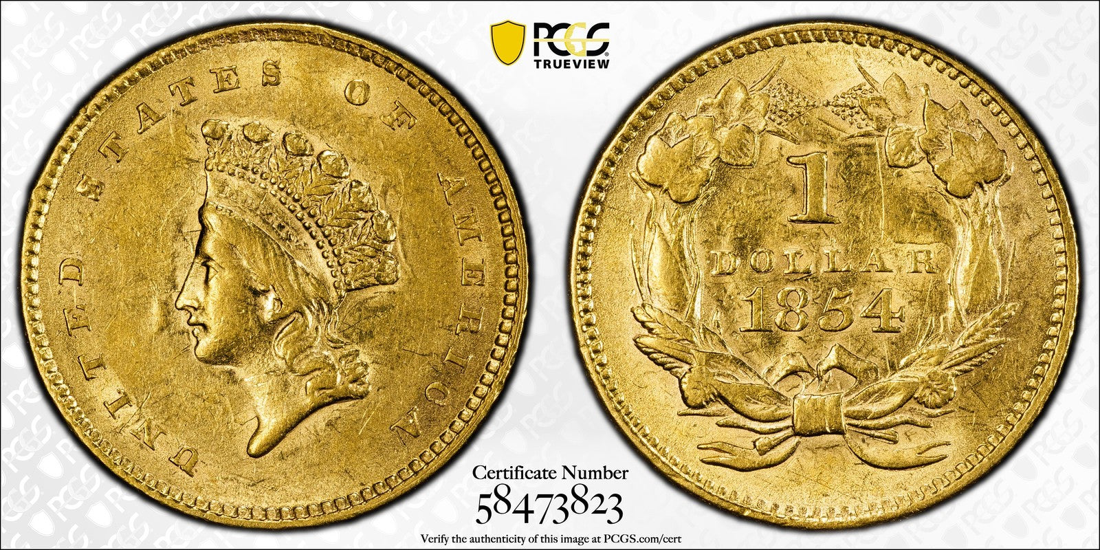 1854 (AU55) Type 2 Indian Princess Gold Dollar $1 PCGS