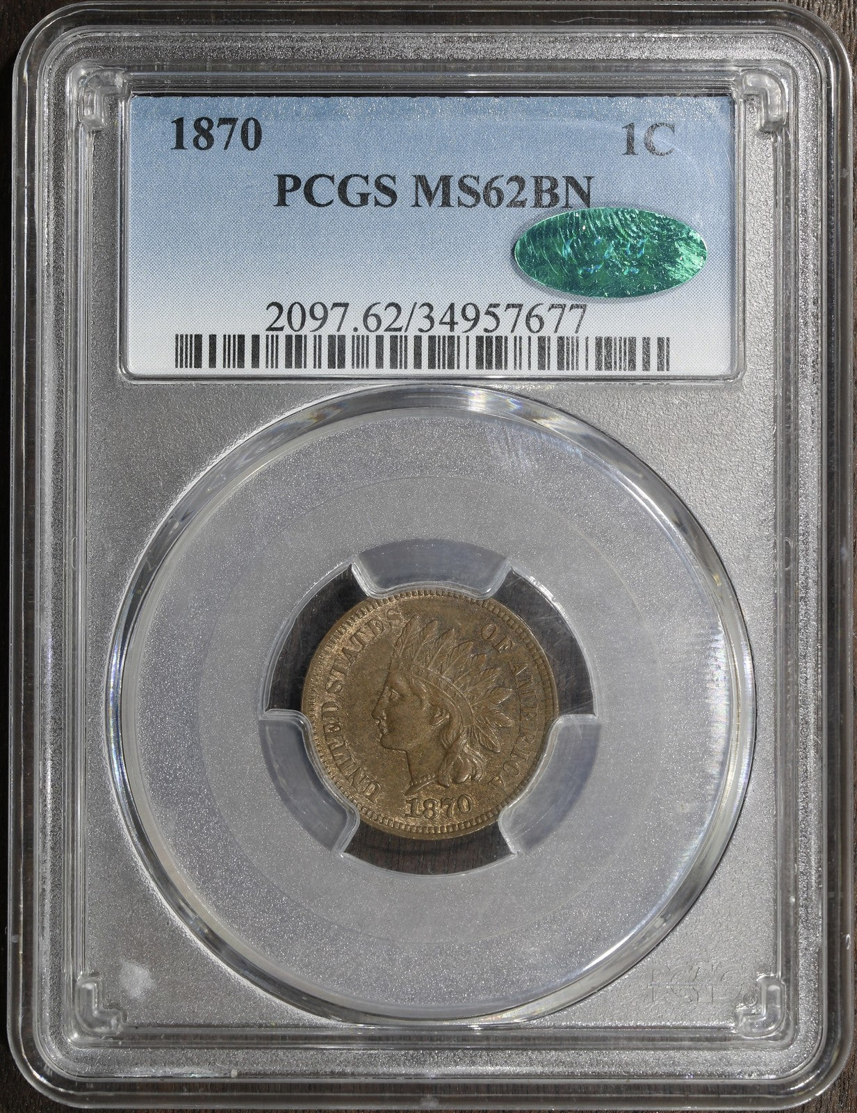 1870 (MS62BN CAC) Indian Head Cent 1C IHC PCGS