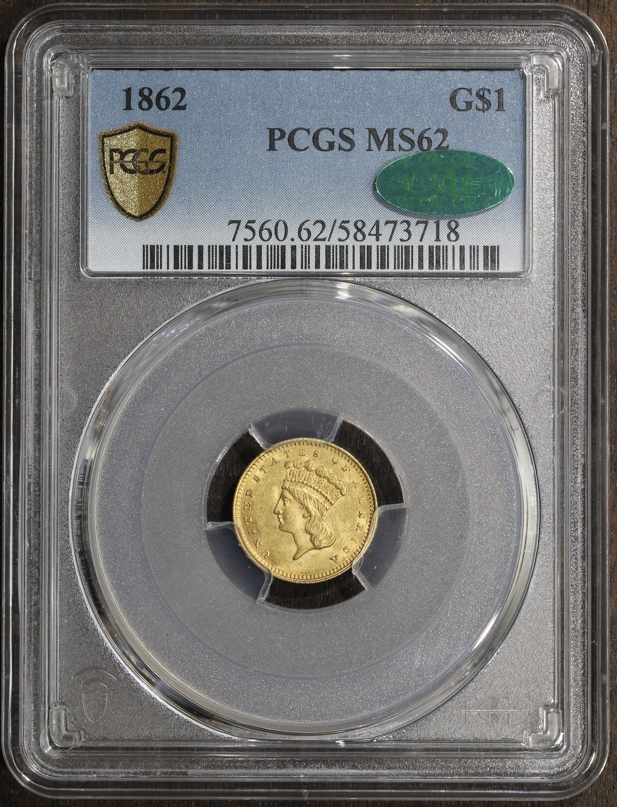 1862 (MS62 CAC) Type 3 Indian Princess Gold Dollar $1 PCGS
