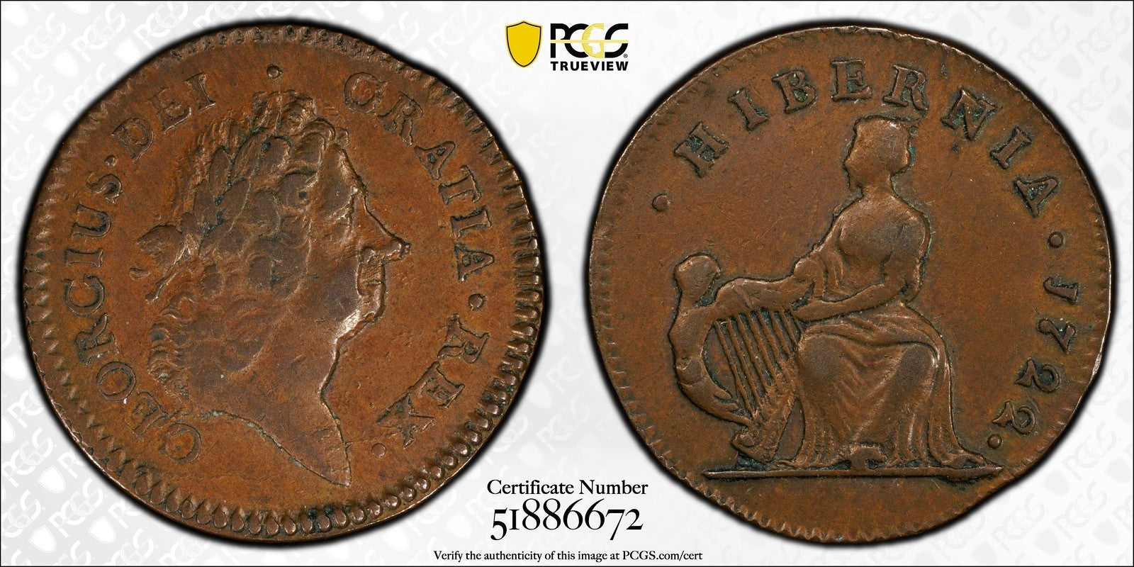 1722 (AU53) Hibernia Halfpenny Harp Left 1/2P PCGS - Colonial