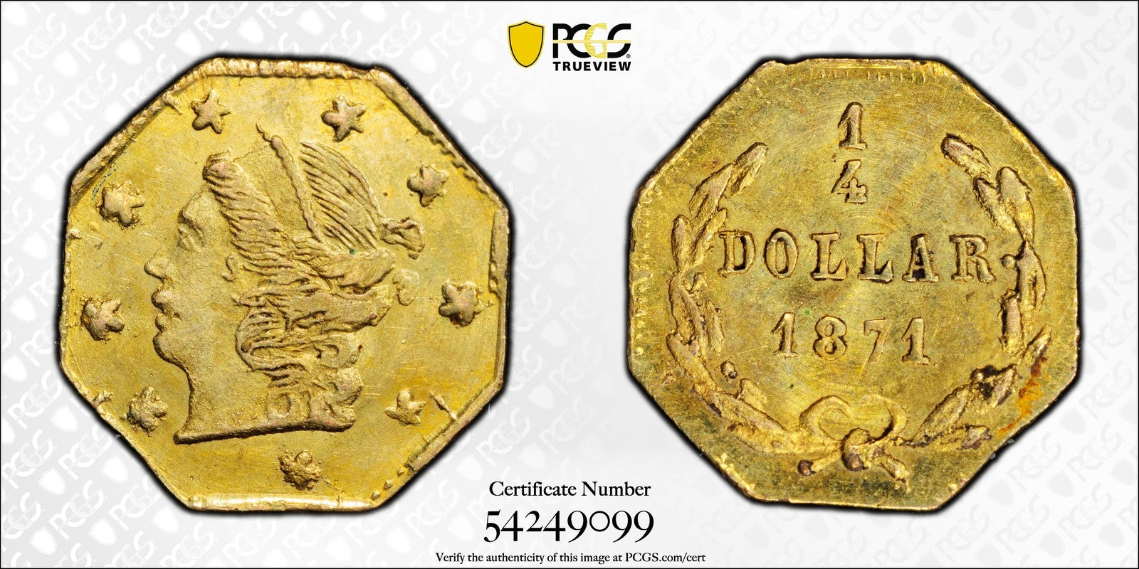 1871 (MS64) California Territorial Gold Quarter G25C PCGS - BG-717