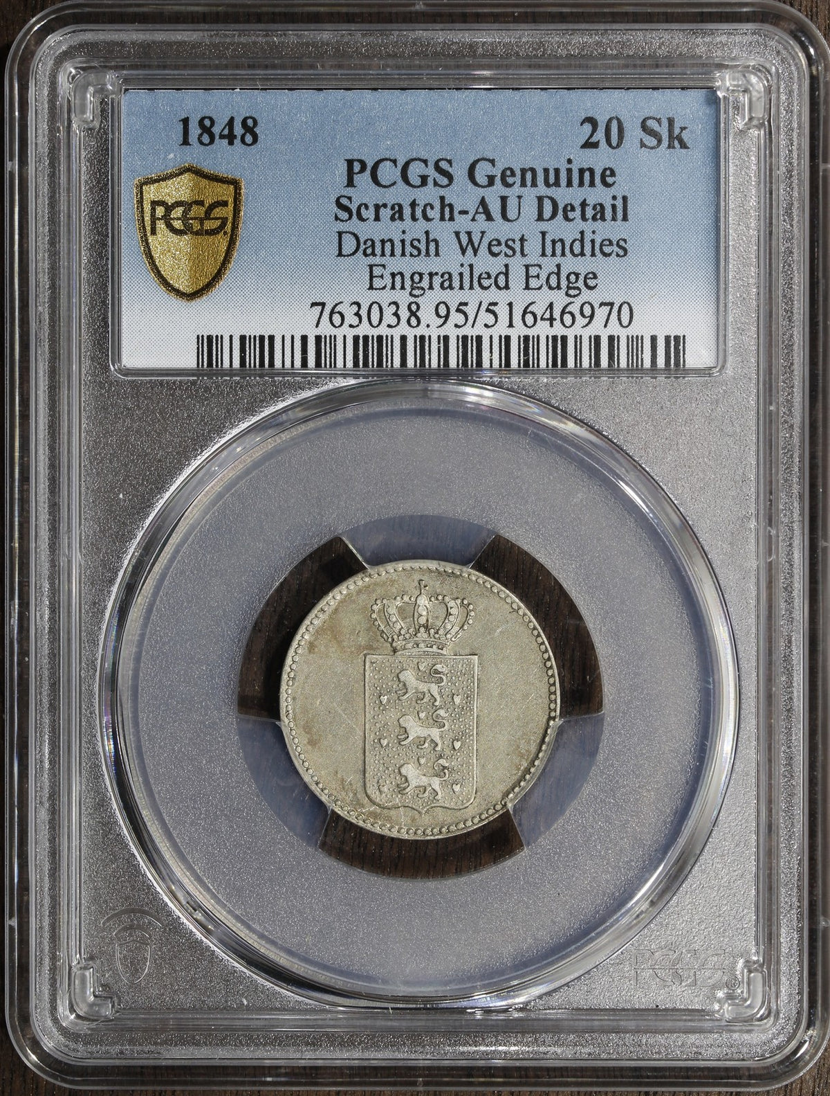 1848 (AU Detail) Danish West Indies 20 Skilling 20SK PCGS PCGS