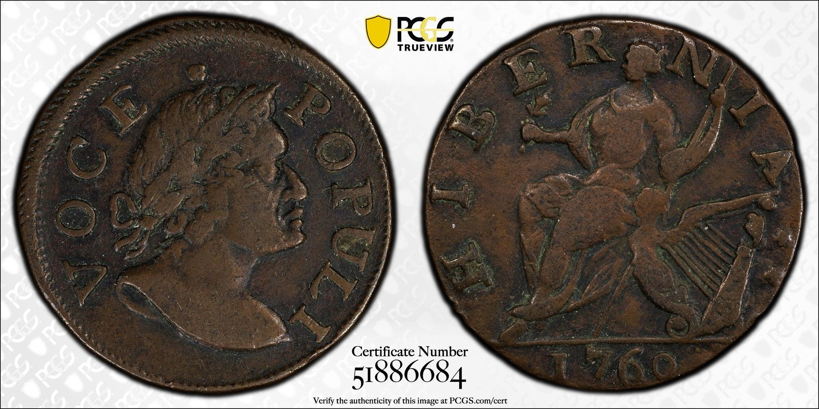 1760 (XF40) Hibernia Voce Populi Halfpenny 1/2P PCGS - No P, Nelson-9